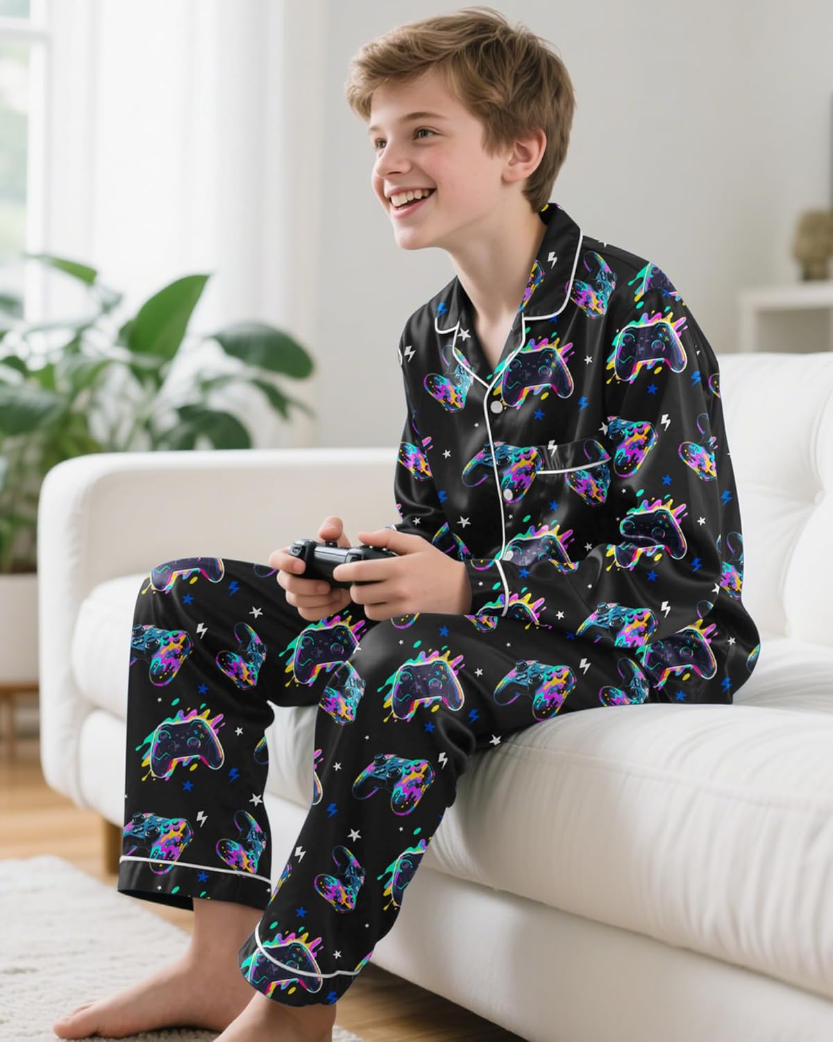 Fiodrimy Boys Pajamas Silky Satin Big Boys PJs Set 2 Piece Sleepwear Button Down Kids Jammies Loungewear Clothes Size 8-14 - Image 3