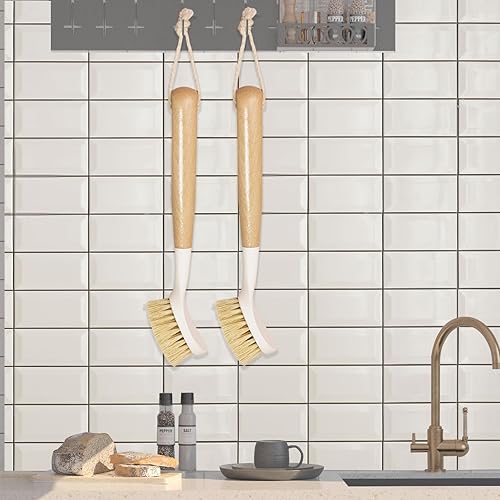 Miniatura 8 de GIGAGO Cepillo de cocina eficiente con asa, juego de cepillos de bambú ecológicos para limpiar, di adiós a las molestias (paquete de 2, blanco)