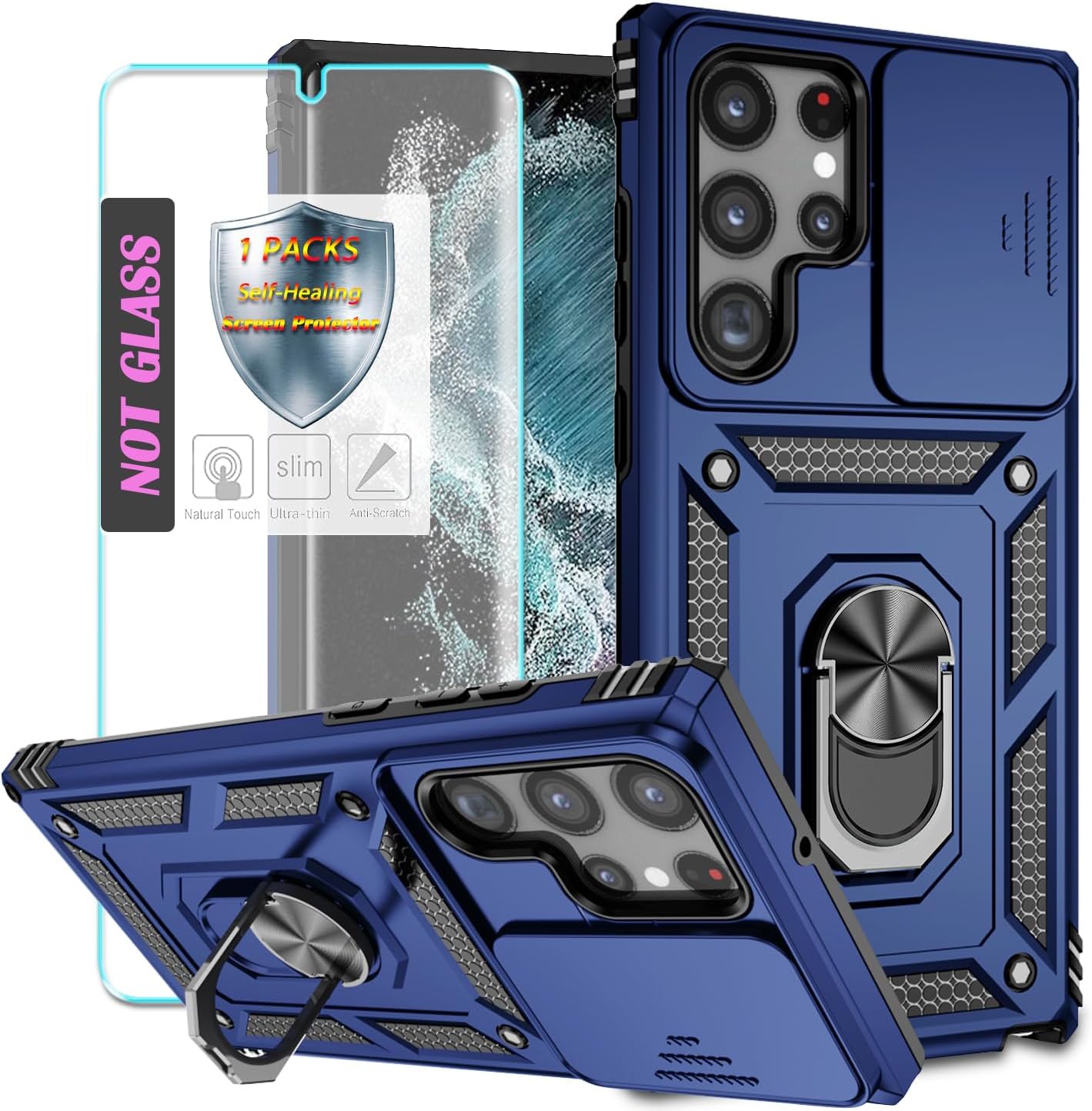 YmhxcY Mobile Phone Case for Samsung Galaxy S22 Ultra [with 1 Piece Protective Film] 360  Rotating Metal Stand Shockproof Protective Hard Shell Sliding Camera Cover Samsung Galaxy S22 Ultra Case Blue