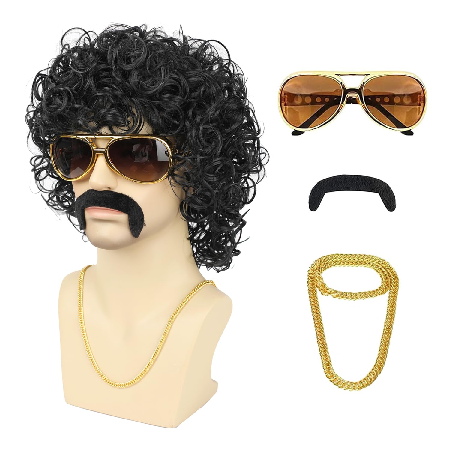 Mens 70s 80s Disco Black Curly Wig 5pcs Set (Wig+ Glasses+ Necklace+ Mustache+ Cap) for Rocker Halloween Costume Cosplay