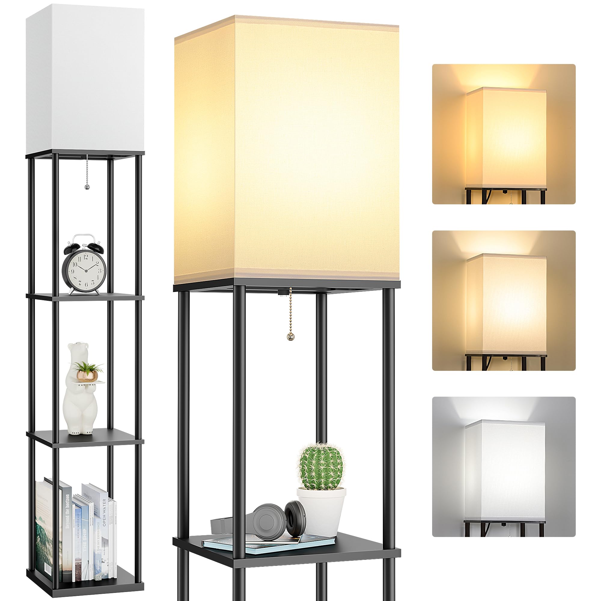 FOLKSMATE Floor Lamp with Shelves 3-Tier Modern Square Bookshelf Floor Lamp 3 Color Temperature Bulb Included Black Floor