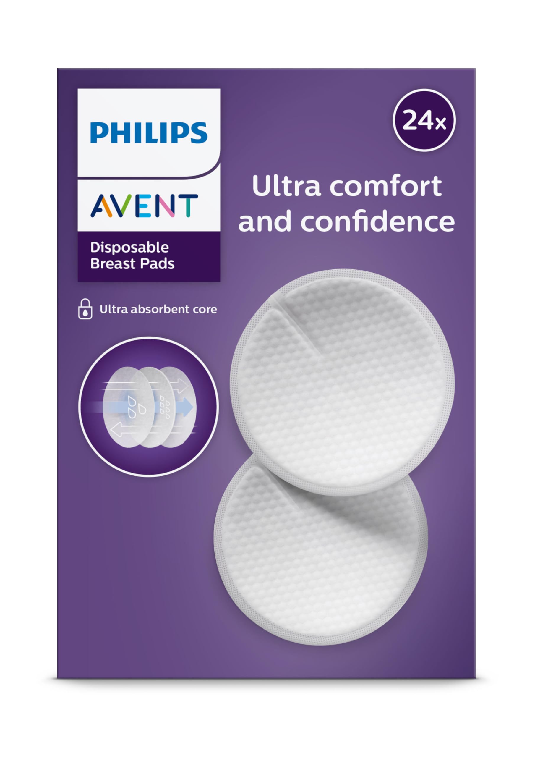 Philips Avent Coussinets d’allaitement jetables – absorption triple épaisseur, anti-fuites, texture alvéolée toucher douceur, ultra-fins et discrets, emballage individuel, 24 pièces, SCF254/24