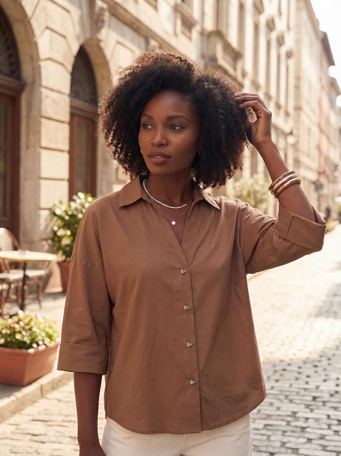 VNIRA Womens Oversized Button Down Shirts 3/4 Sleeve Blouses Casual Loose Fit Cotton V Neck Collar Summer Tops Plus Size - Image 2