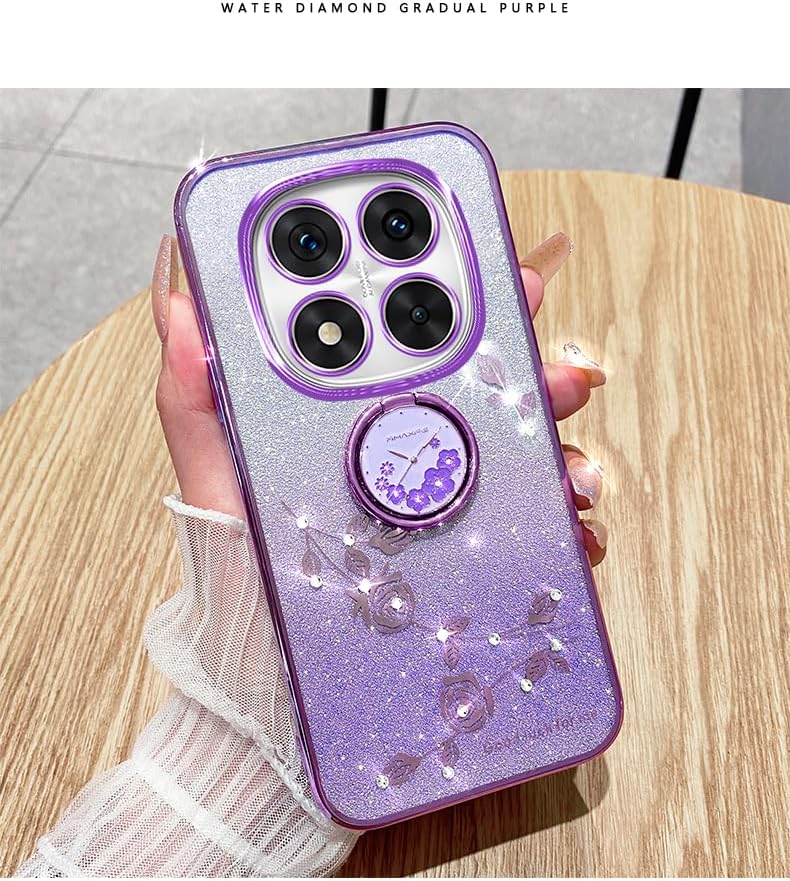 for Xiaomi Redmi Note 14 Pro Case for Women Girls, Luxury Plating Bling Glitter Sparkle Flowers Shockproof Case with Ring Stand for Xiaomi Redmi Note 14 Pro.Flowers Pink - Image 8