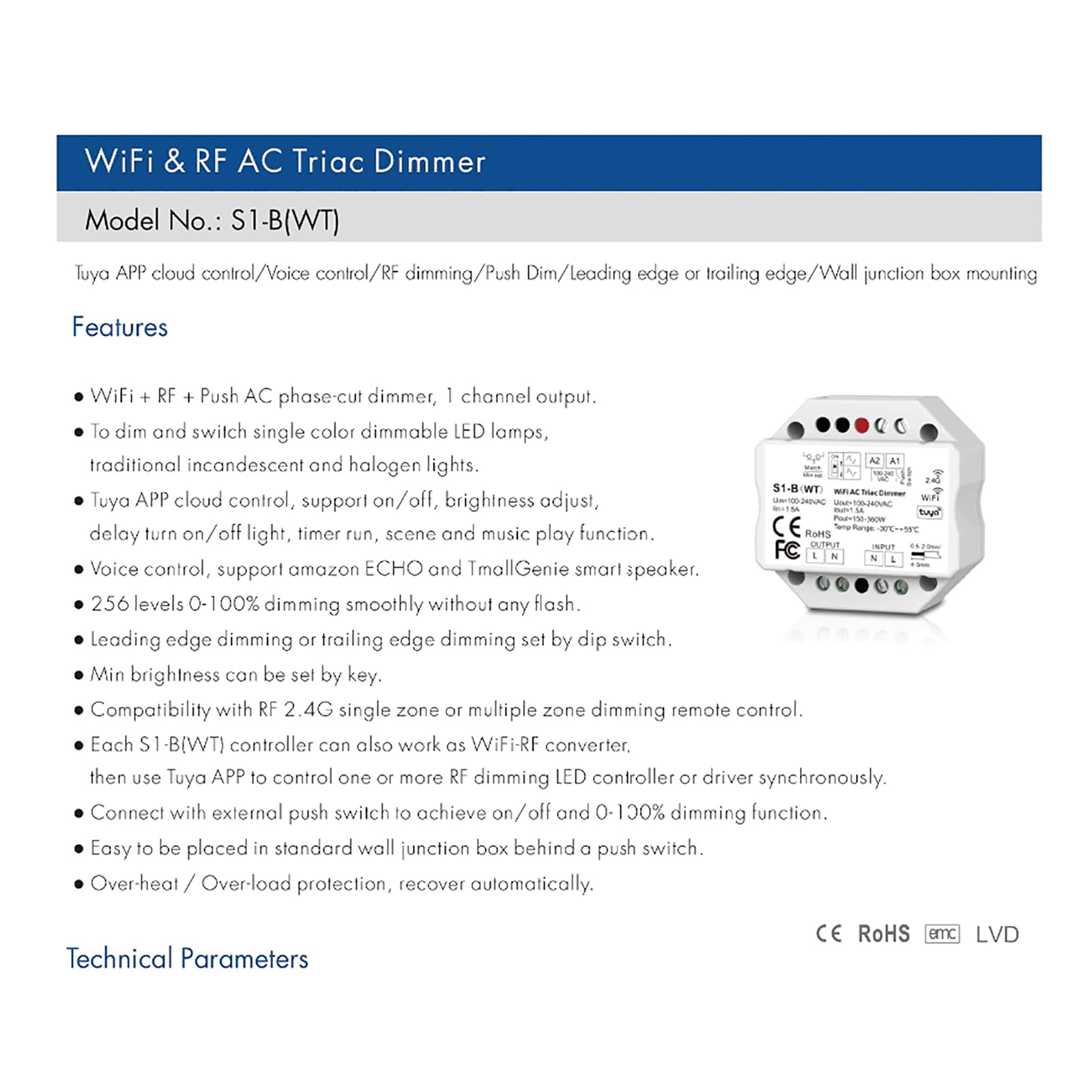 Planetitaly Centralina Triac Dimmer 230V WiFi RF lampade faretti LED interruttore PUSH 360W