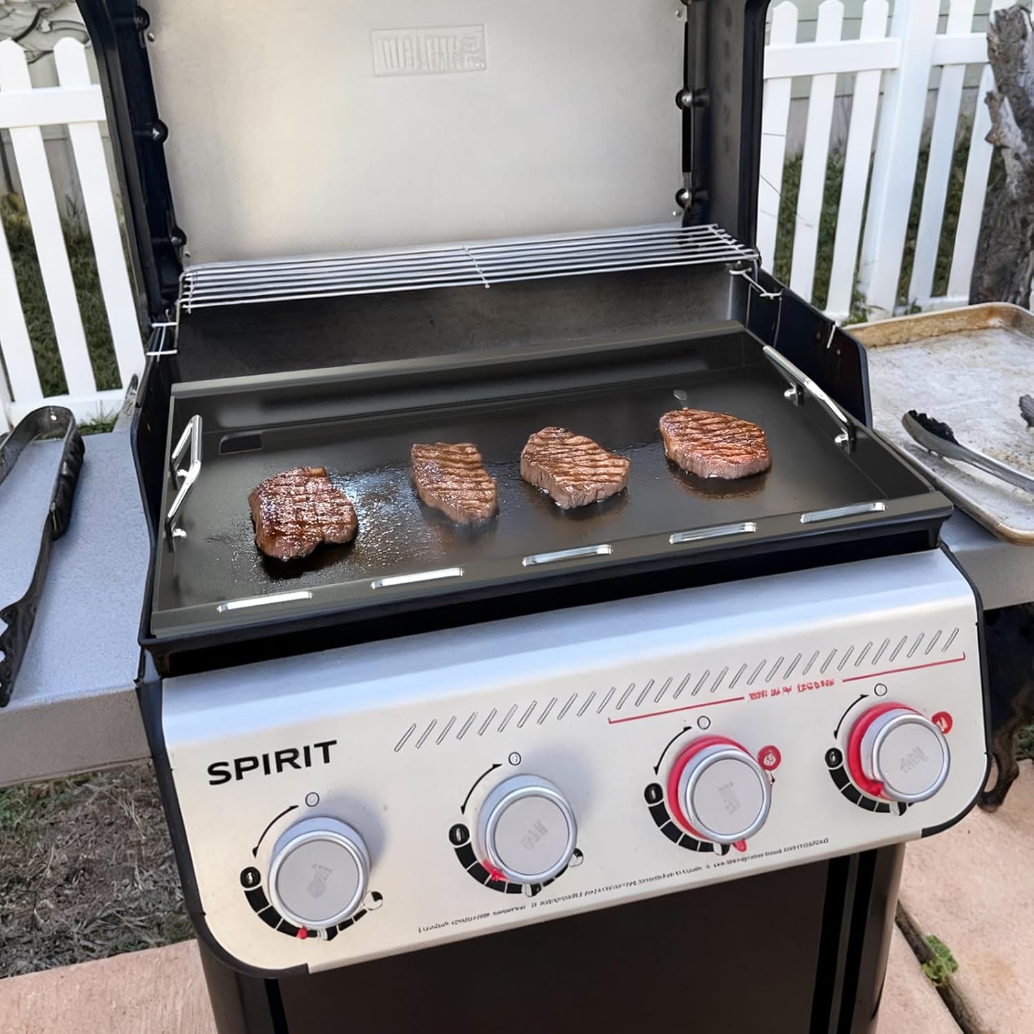 Full Size Griddle Insert with Handles for Weber Spirit 400 Series(2025 Models), Flat Top Grill Insert Replacement Parts for Weber Spirit E425 S425 E435 EP425 EP435(2025), Non-stick Carbon Steel, Black