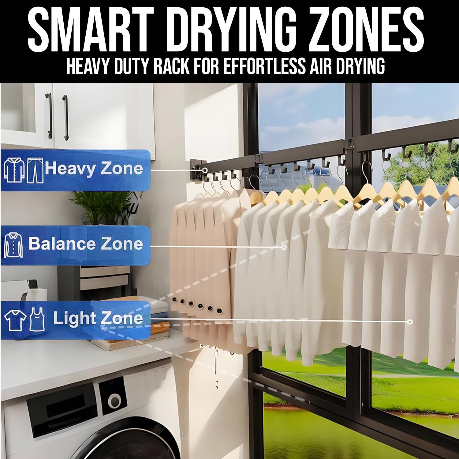 Wall-Mounted Clothes Drying Rack for Laundry Organization, Folding & Collapsible Indoor Hanger Dryer, Sturdy Foldable Clothing Organizer, Black Steel, 220 lb Capacity