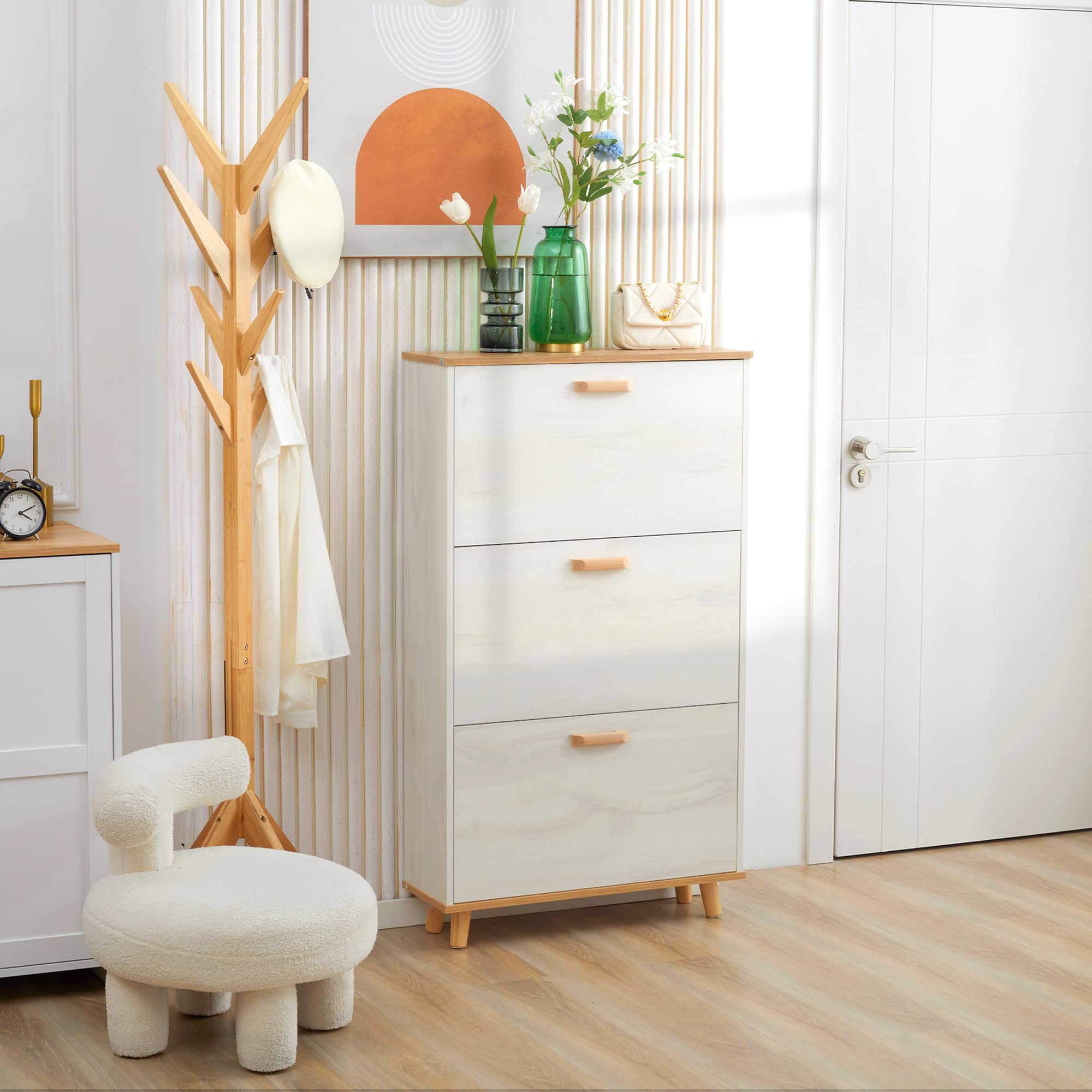 HOMCOM Armario de Zapatos Moderno Mueble Zapatero Estrecho con 3 Cajones Abatibles para 12 Pares de Zapatos y Estante Ajustable para Pasillo Entrada 70x23,5x122 cm Blanco