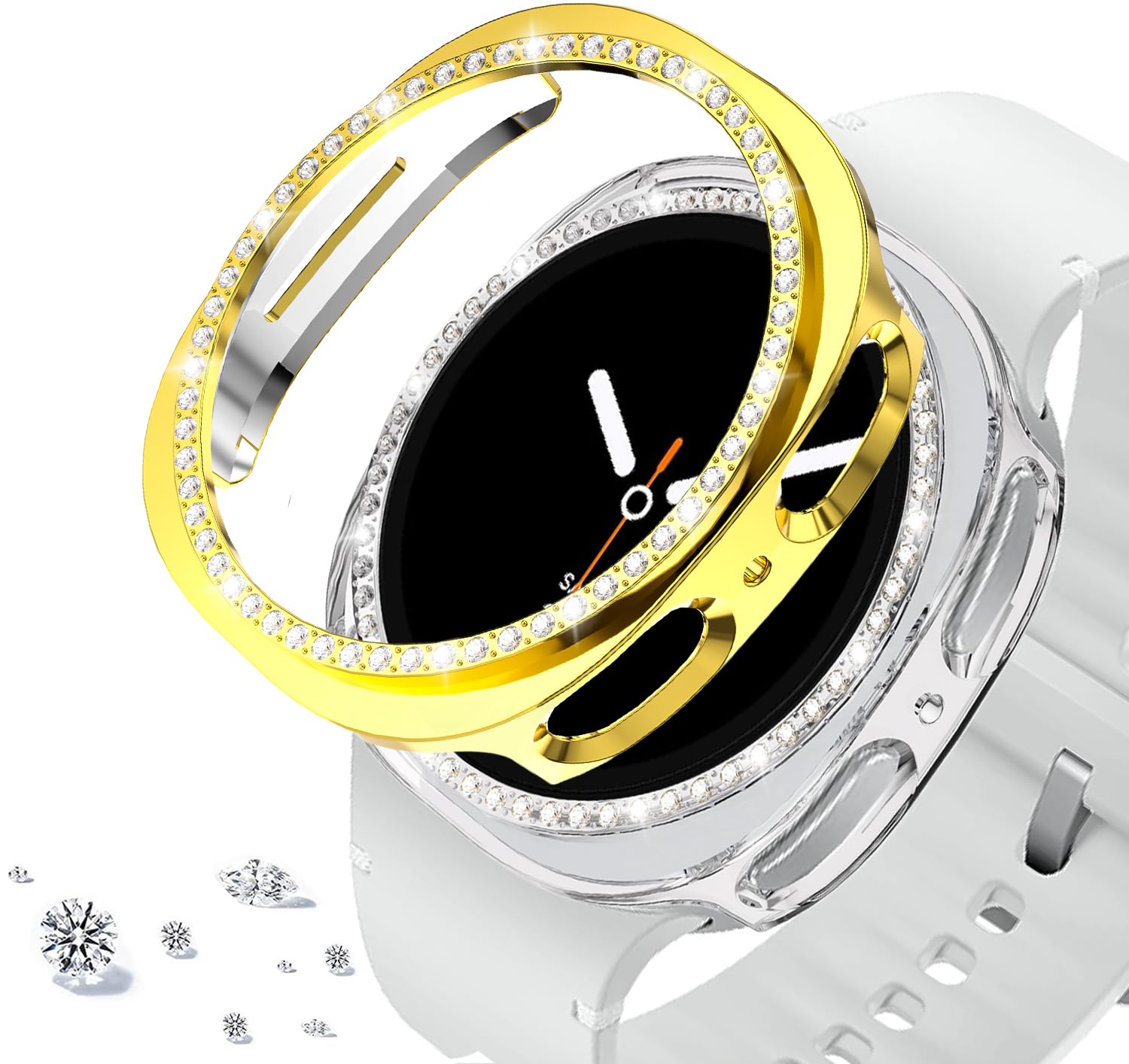 DEALELE [2-PACK] Case Compatible with Samsung Galaxy Watch 5/4 44mm, Bling Single-Row Diamond PC Protective Case Replacement Watch Cover Bumper (44mm, Gold+Transparent) — view 159