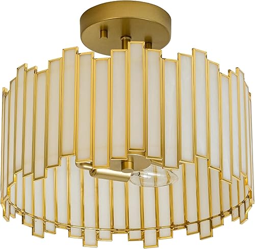 Lámpara de techo dorada con forma de tambor, lámpara Tiffany moderna de montaje semiempotrado de 12.5 pulgadas con vidrio blanco, 3 luces redondas