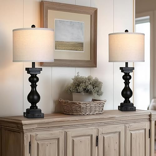 Miniatura 5 de Juego de 2 lámparas de mesa de granja de 28 pulgadas de alto con puertos USB C+A y salida de CA, lámparas de noche rústicas altas táctiles de 3 vías