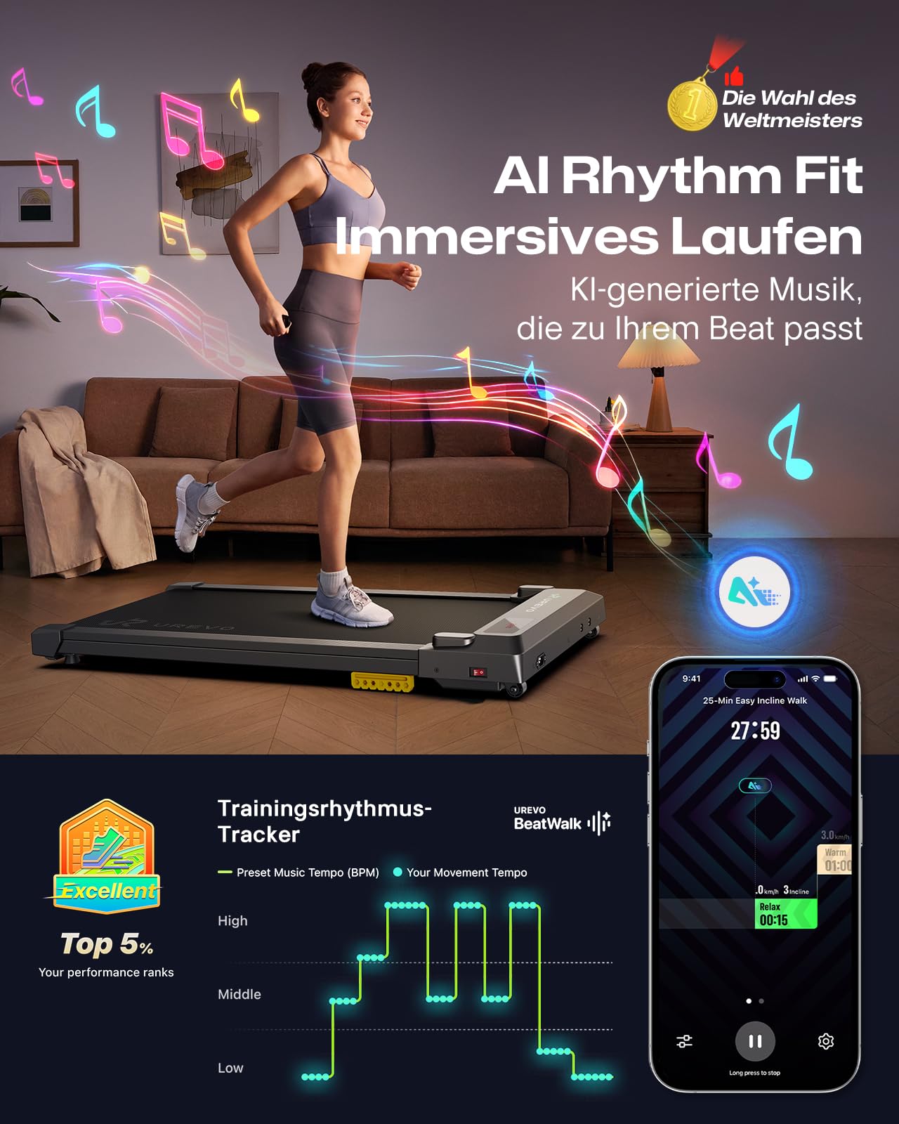 UREVO Smart Walking Pad, kompaktes Laufband unter Schreibtisch | Doppelter Stoßdämpfung, Workout-App mit Track Insights und MIIT-Modus, Fernbedienung oder App-Steuerung für das Home Office