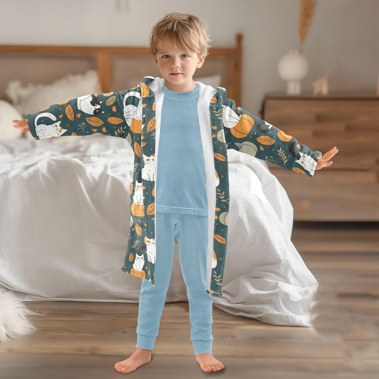 senya Cat on Pumpkin Toddler Hooded Bathrobe Kids Soft Plush Bath Towel Robes for Boys Girls 2-12 Years