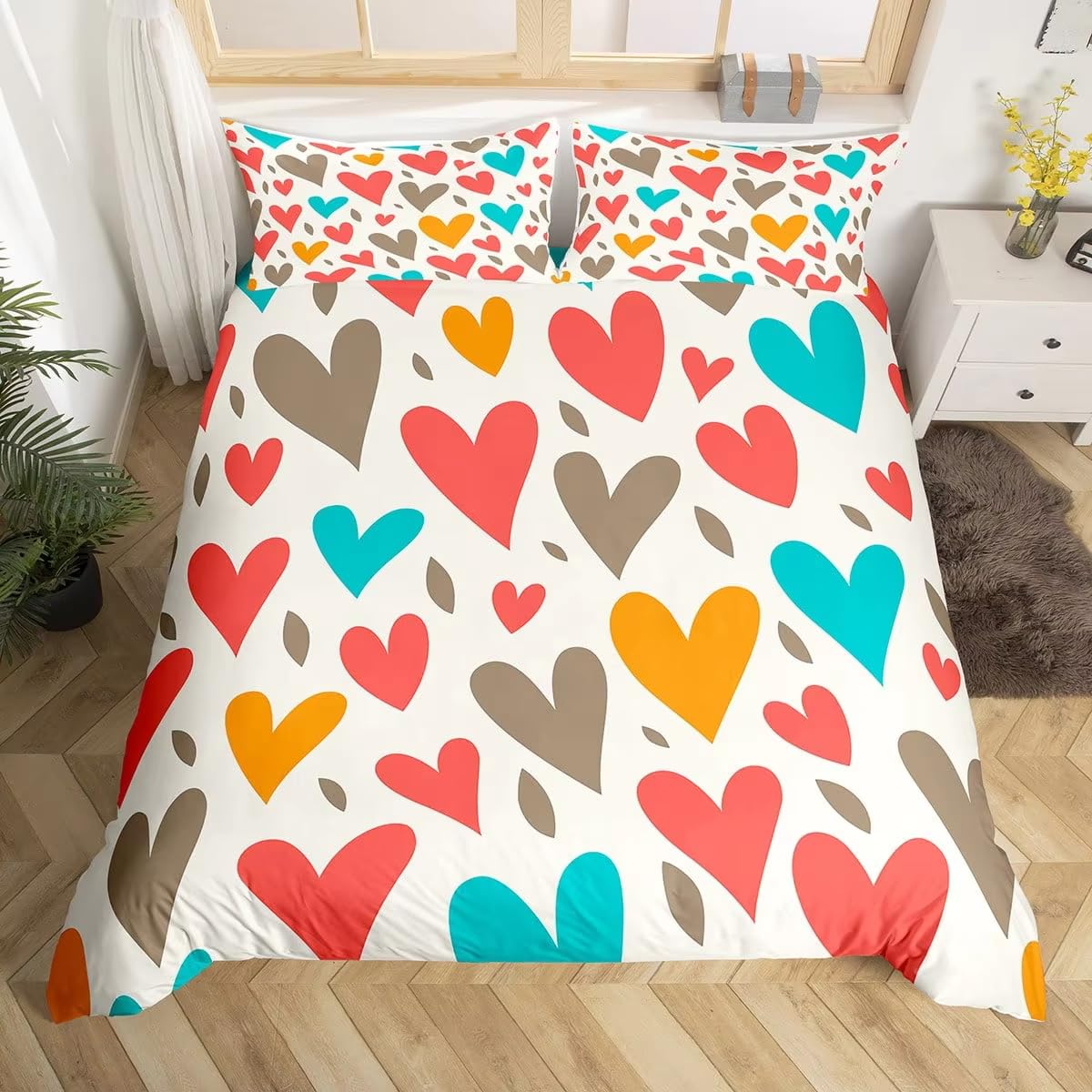 Housse de couette 260x240 blanche Love avec motif de dessin animé pour lit deux personnes