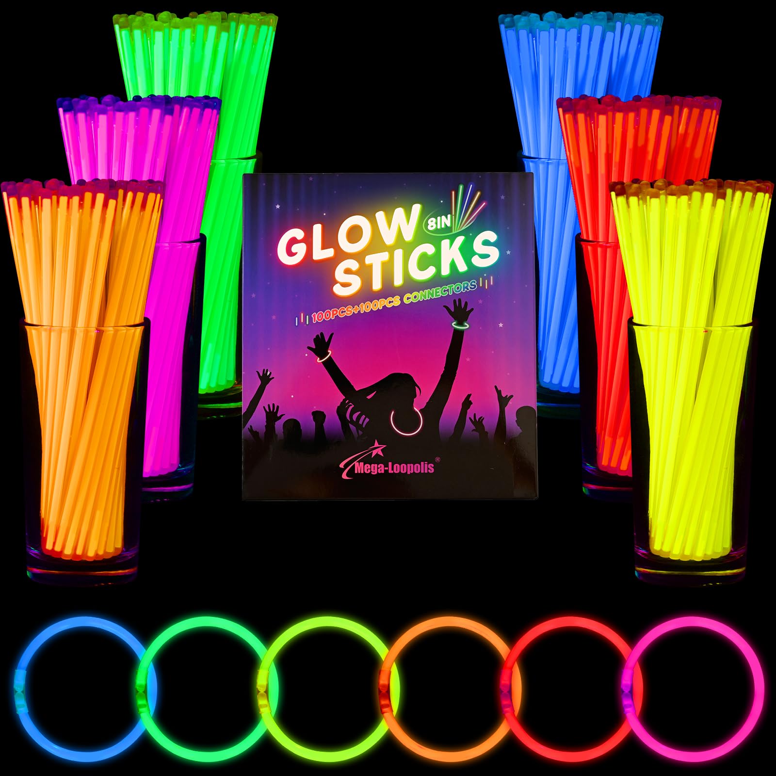 Mega-L - Suministros de fiesta que brillan en la oscuridad, 1000 varillas brillantes de 8 pulgadas a granel, recuerdos de fiesta con pulseras y collares, palos de luz, recuerdos de fiesta a granel