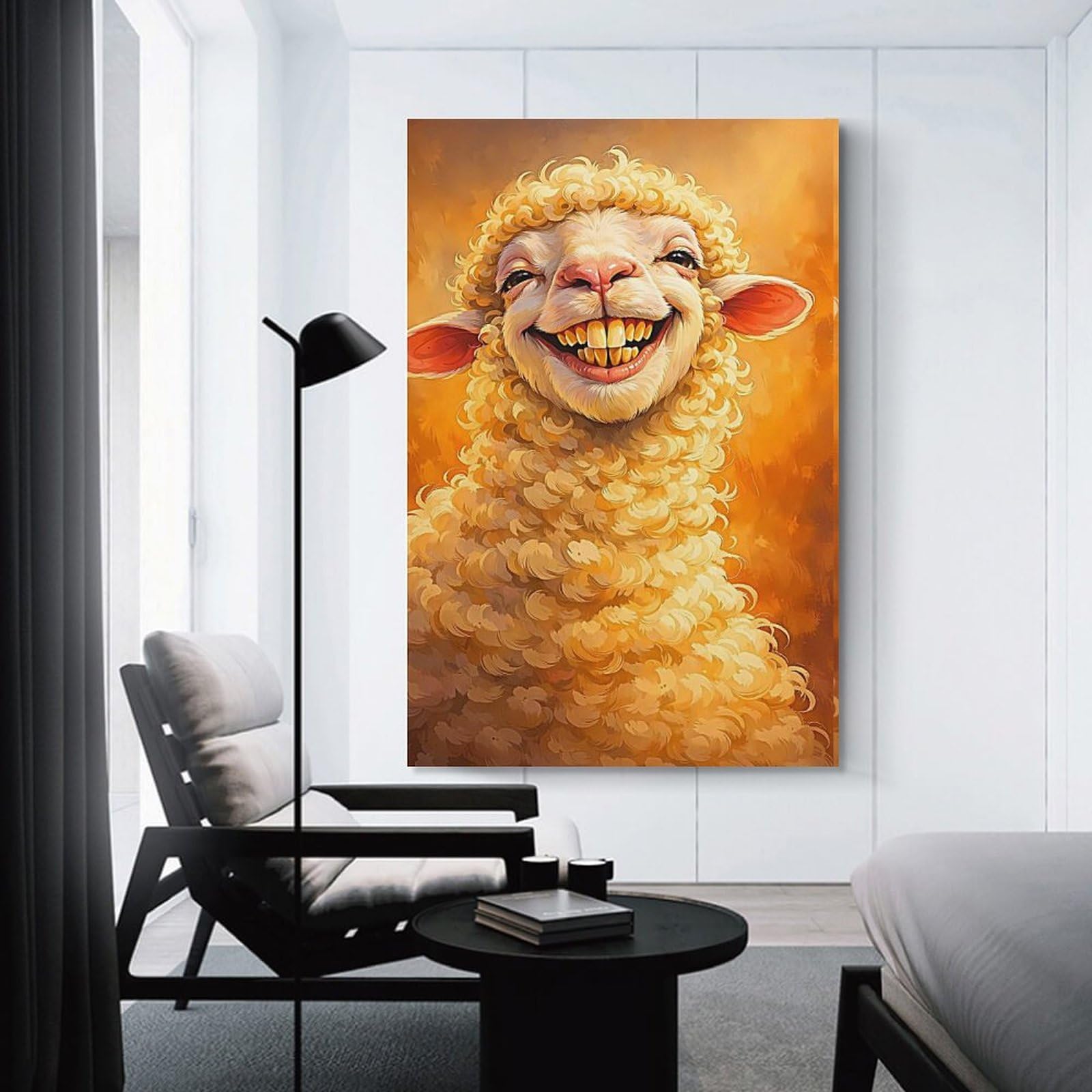 Junmoney Goofy Sheep with Golden Teeth Canvas Wall Picture 20x30inch(50x75cm), for Contemporary Homes, Apartments Or Offices, Wall Decor with Flexible Room Appeal