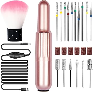 Electric Nail Drill File Kit Mini Nail Drill Machine, Portable Electric Manicure Milling Cutter Set, Nail File Drill Bit, Gel Polish Remover Tool for Manicure, Pedicure and Nail Color Rose gold set