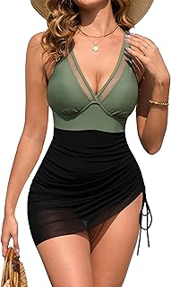 Women One Piece Swim Suit Tummy Control Swimsuit Bathing Suits Mesh Sheer Slim Sarong Wrap Swimswear Swimdress - Buy now