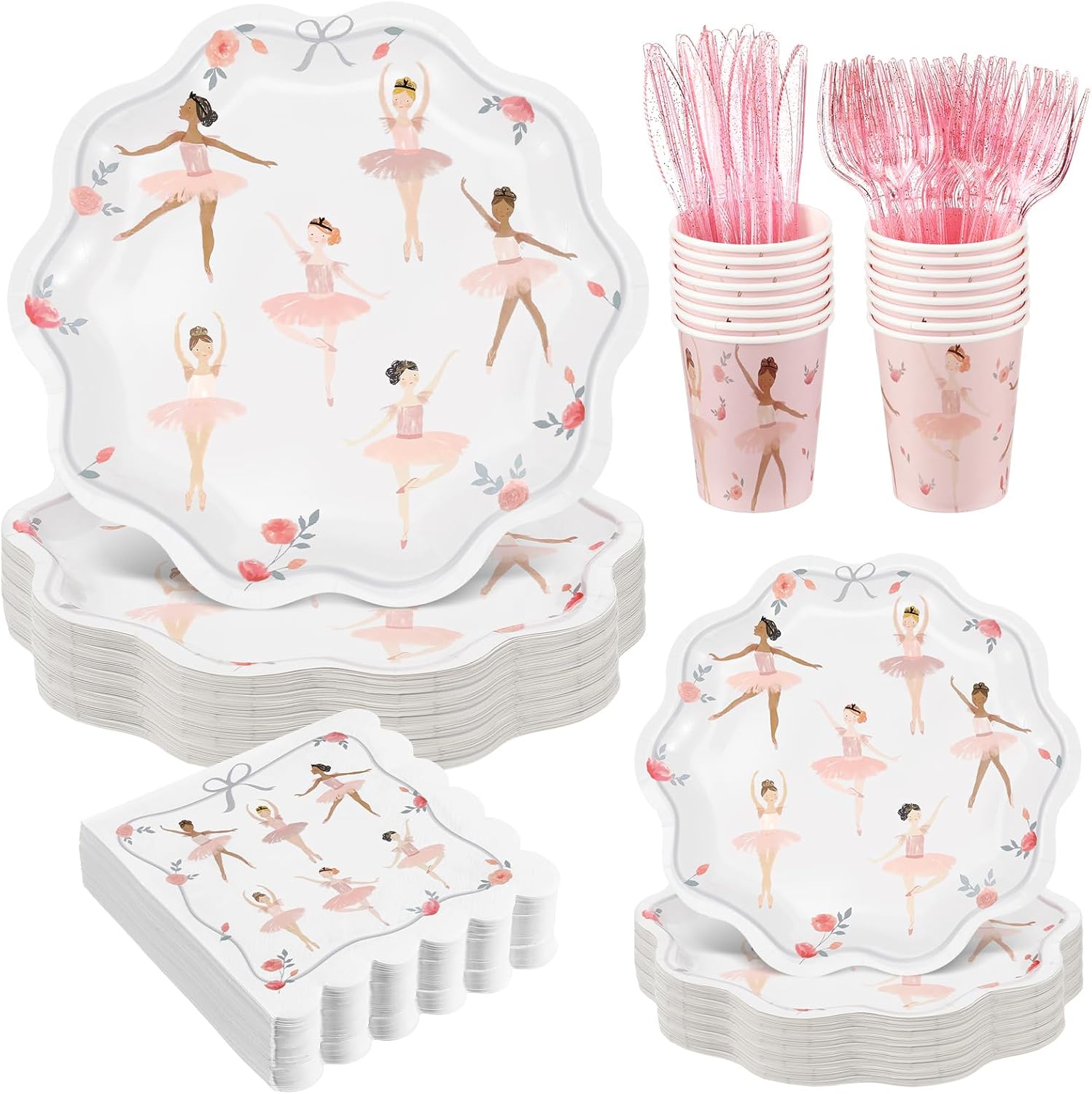 Yungyan 120 Pcs Ballerina Birthday Party Decoration Ballet Party Tableware Set: Ballerina Disposable Paper Plates Cups Napkins Fork Knife for Wedding Baby Shower Birthday Supply Decoration