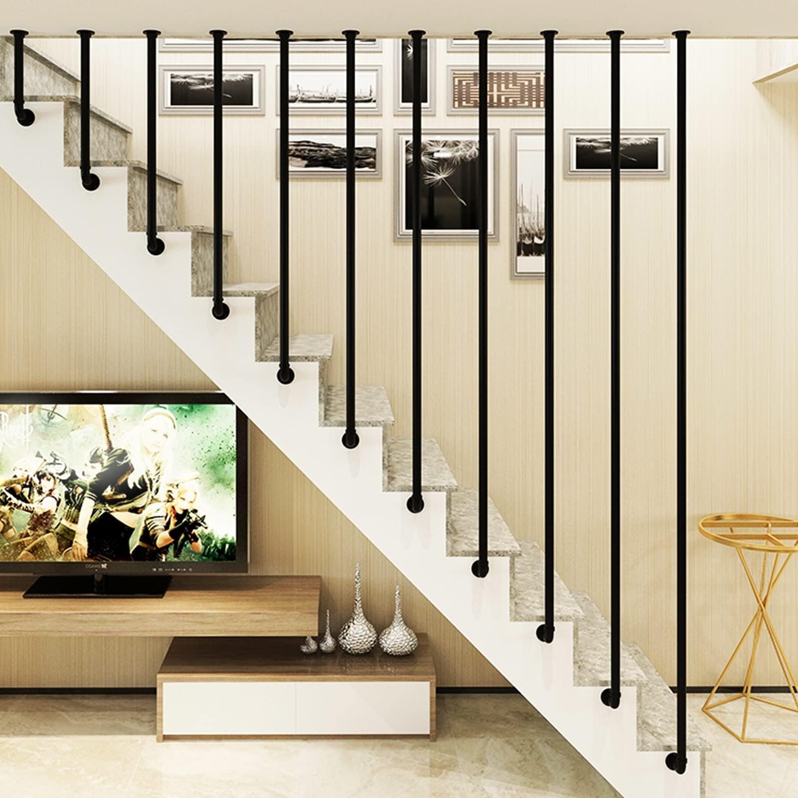 Wall Handrails Industrial Metal Stair Handrail, L-Type Banister for Stairs Indoor Outdoor Steps, Black Wrought Iron Galvanized(2.8ft/85cm)