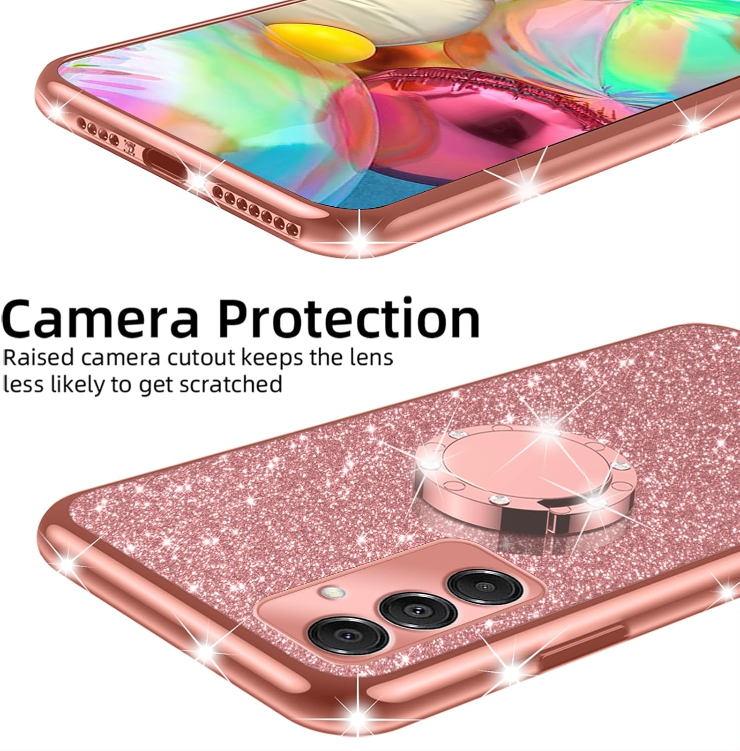 nancheng for Samsung Galaxy A16 5G Case, Phone Case for Galaxy A16 5G Girls Women Cute Glitter Luxury Soft Silicone Clear Cover with Ring Stand Strap Lanyard Shockproof Protection Case - Rose Gold image 3
