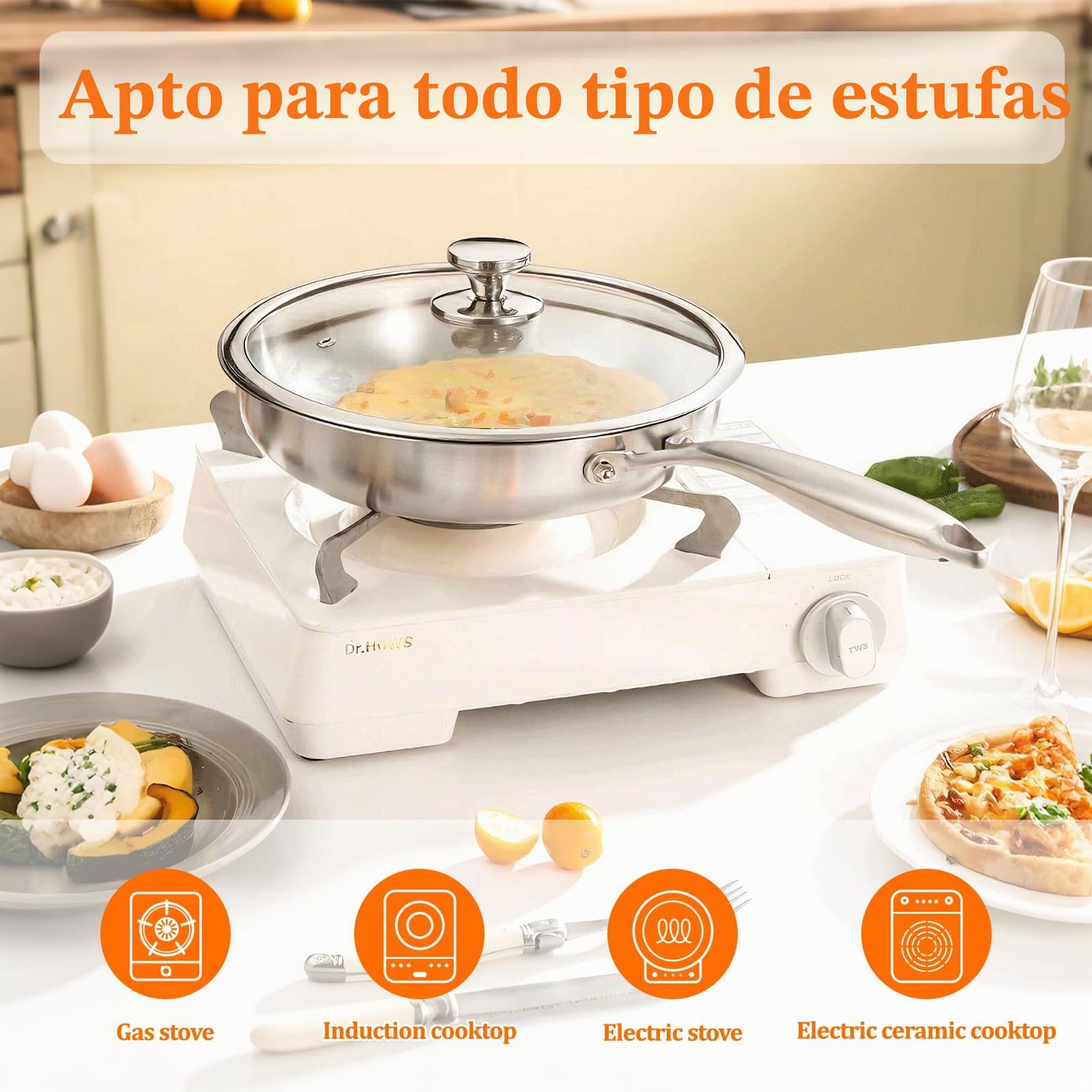 Sartén de Acero Inoxidable Triply 30cm, Sartén Sin Recubrimiento Antiadherente, Compatible con Todo Tipo de Cocinas Inducción Gas Eléctrica, Utensilio de Cocina Duradero para Familia