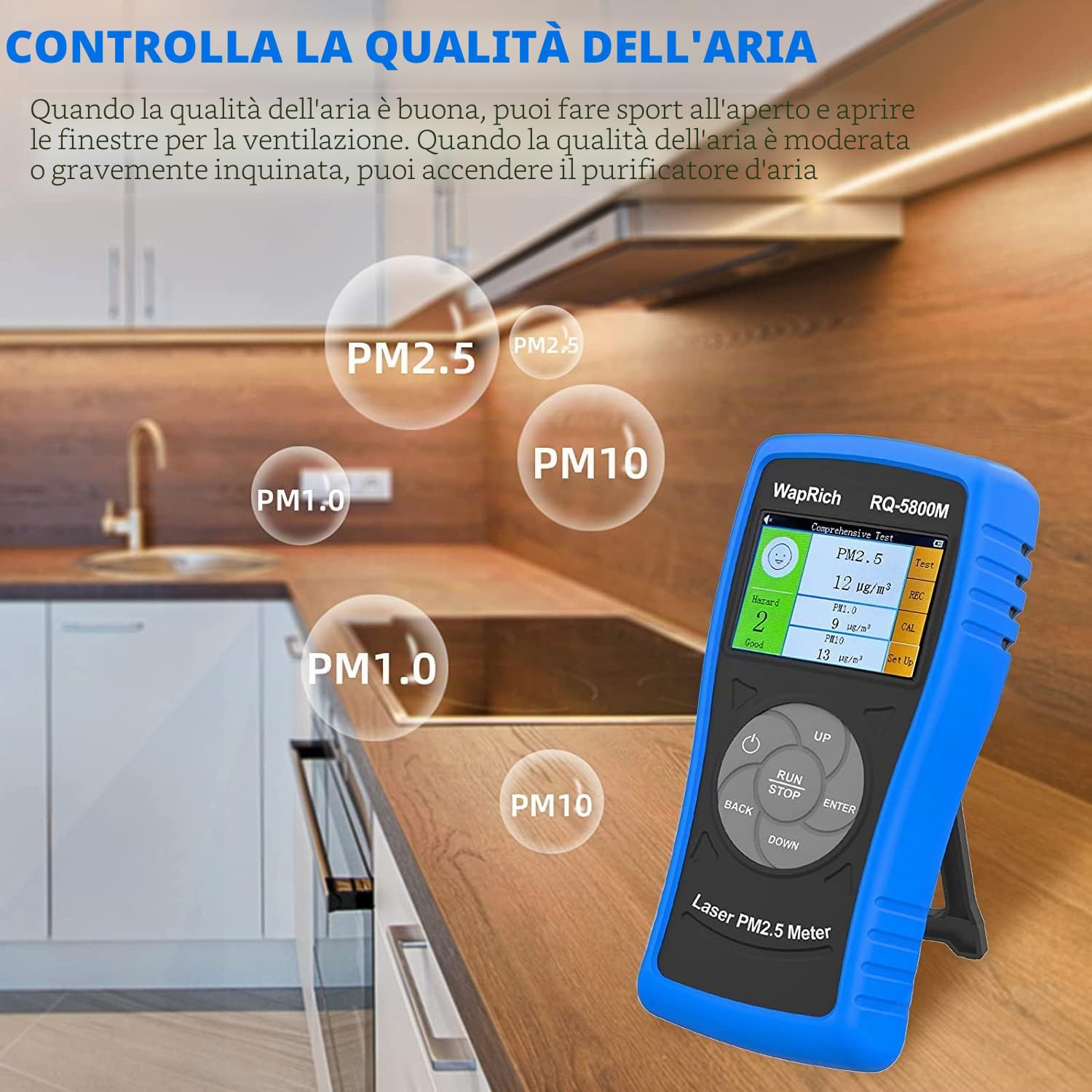 Monitor di qualità dell'aria interno PM2,5/PM10/PM1,0 portatile, WapoRich rilevatore di inquinamento qualità dell'aria rileva la polvere per casa/ufficio/scuole/auto, ricaricabile - RQ-5800M