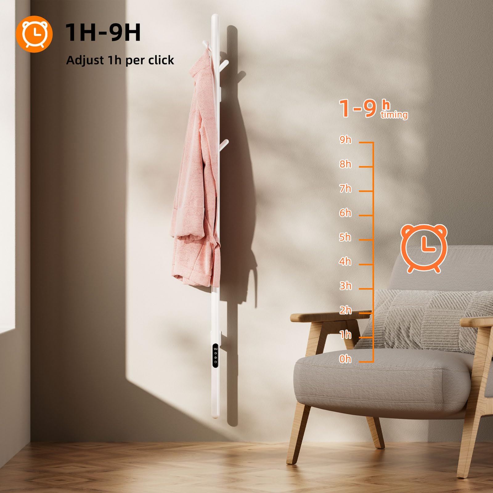 Badheizkörper Elektrisch, Elektrischer Handtuchheizkörper mit einer Stange, Towel Warmer, Intelligenter Konstanttemperatur Handtuchhalter Heizkörper, Einstellbare Temperatur Handtuchheizer-White