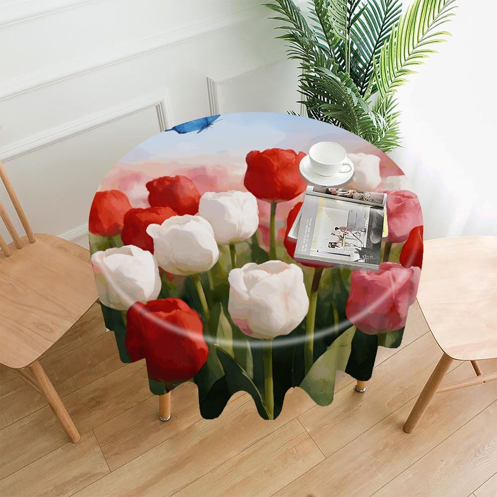 LZQPOEAS Watercolor Flowers with Butterfly Tablecloth Easy to Clean Polyester Round Table Cover Washable Round Table Cloth Wrinkle-Free Circle Decoration Tablecloth for Kitchen and Dining Room 60"