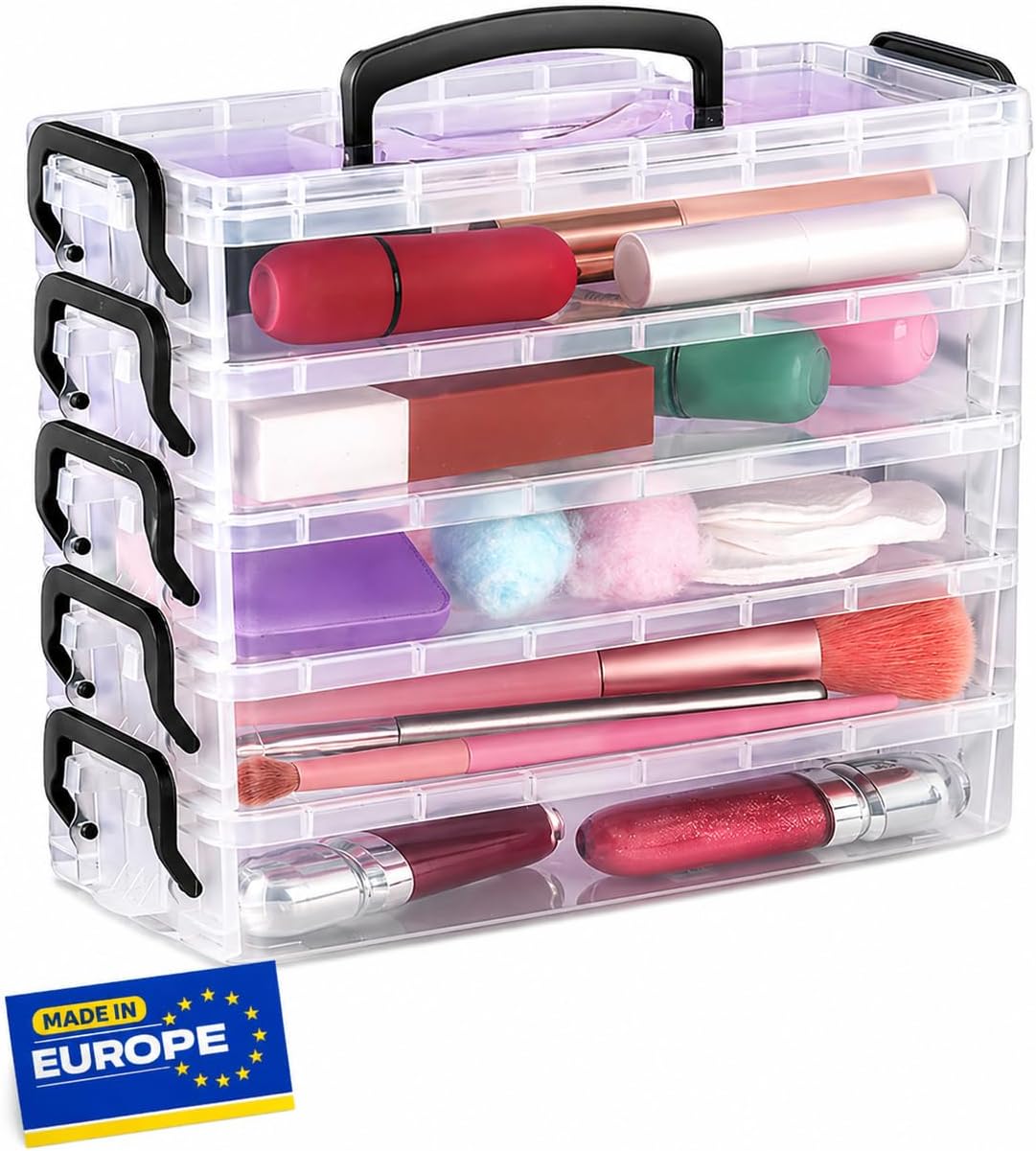 5-Tier Makeup Organiser with Lid - Transparent Cosmetic Storage Box with Handle, Stackable & Modular, Jewellery & Hair Accessory Organiser with Lock