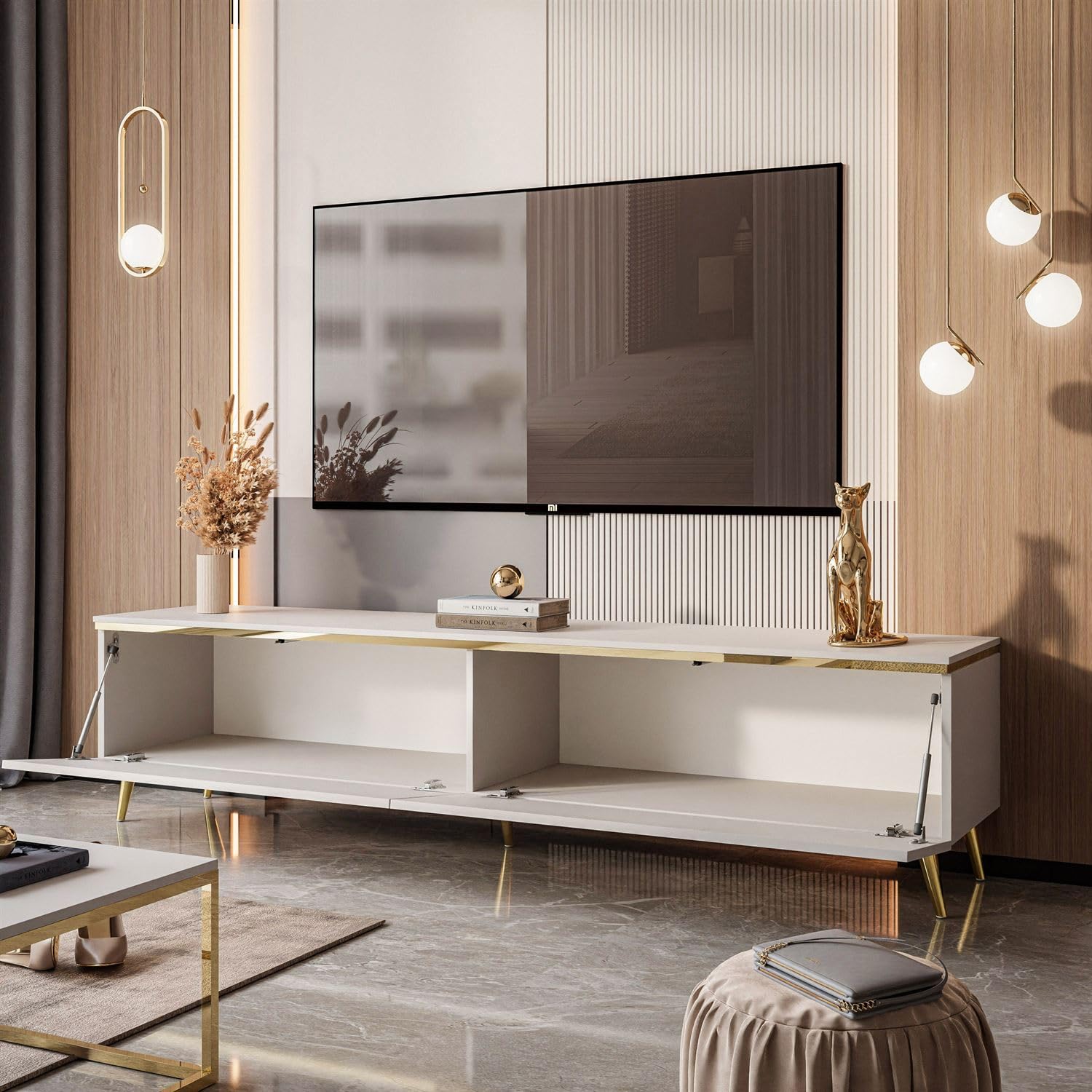 Lookway TV-Schrank Aurora Kaschmir Matt 180 cm Hängeschrank Oder Auf Füßen Gold Dekorative Leiste Mit LED-Option Modernes Wohnzimmermöbel (ohne LED Beleuchtung, Stehend- schräge Gold Chrom Beine)