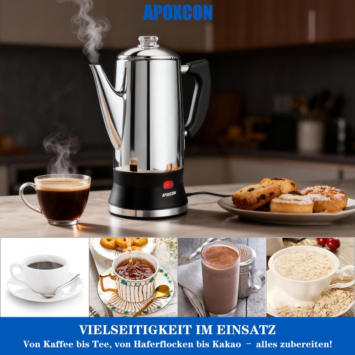 APOXCON Cafetera eléctrica para 12 tazas, cafetera de acero inoxidable (304) con botón de tapa de cristal e interruptor de encendido/apagado
