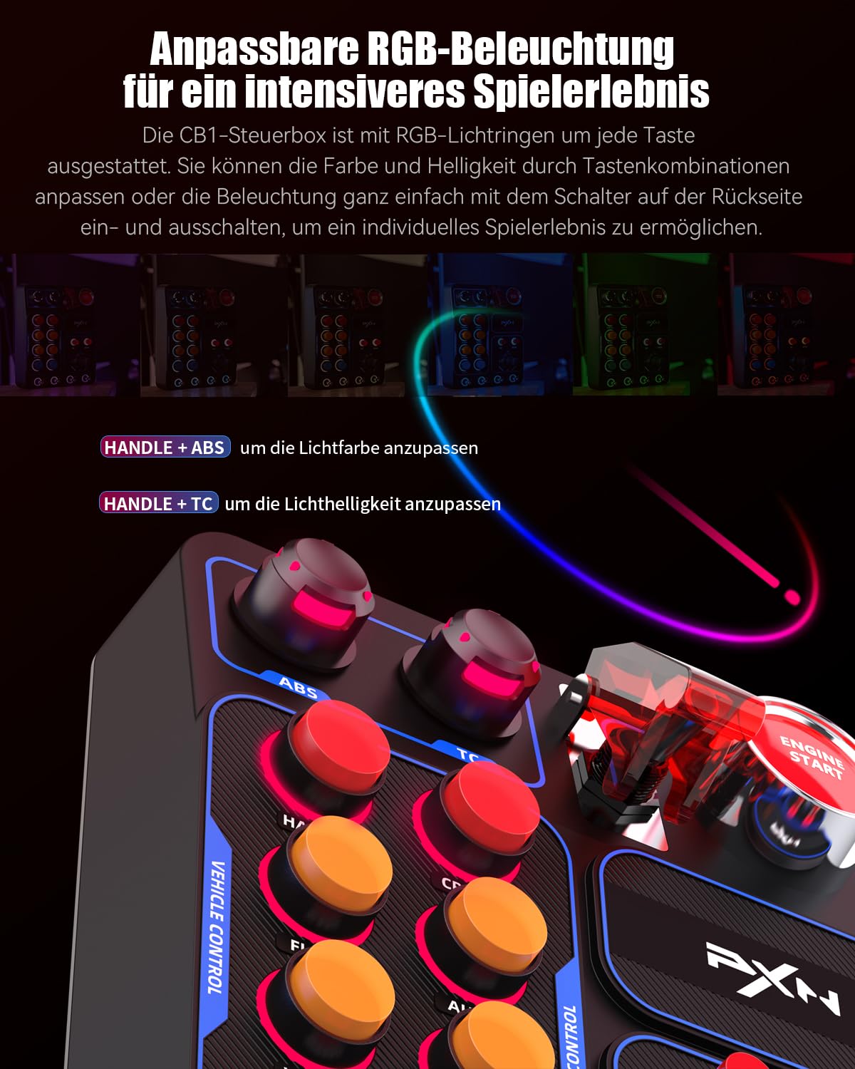 PXN CB1 Button Box – PC Seitenkonsole, 19 Tasten & Schalter, RGB-Beleuchtung, Seiten-Steuerbox für Sim-Racing-, Lkw-, LS- und Flug-Spiele, Zubehör für Lenkrad und Joystick, nur für PC | 19 Sim-Tasten & Schalter, RGB-Beleuchtung, einstellbare Klemme, für R