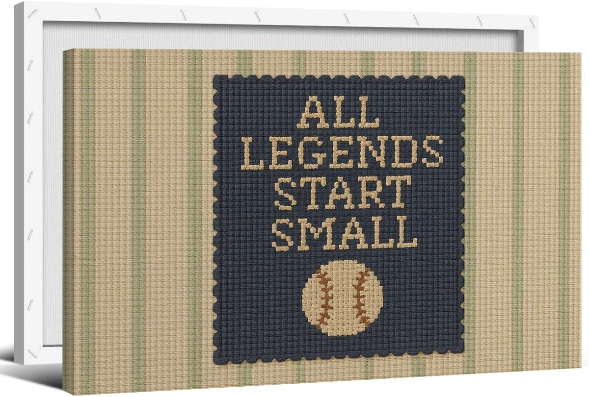 All Legends Start Small Inspirational Canvas Wall Art, Motivational Nursery Baseball Sport Poster, Vintage Green and Blue Striped Print for Boy Toddler Bedroom Playroom 16x24in Wrapped Canvas