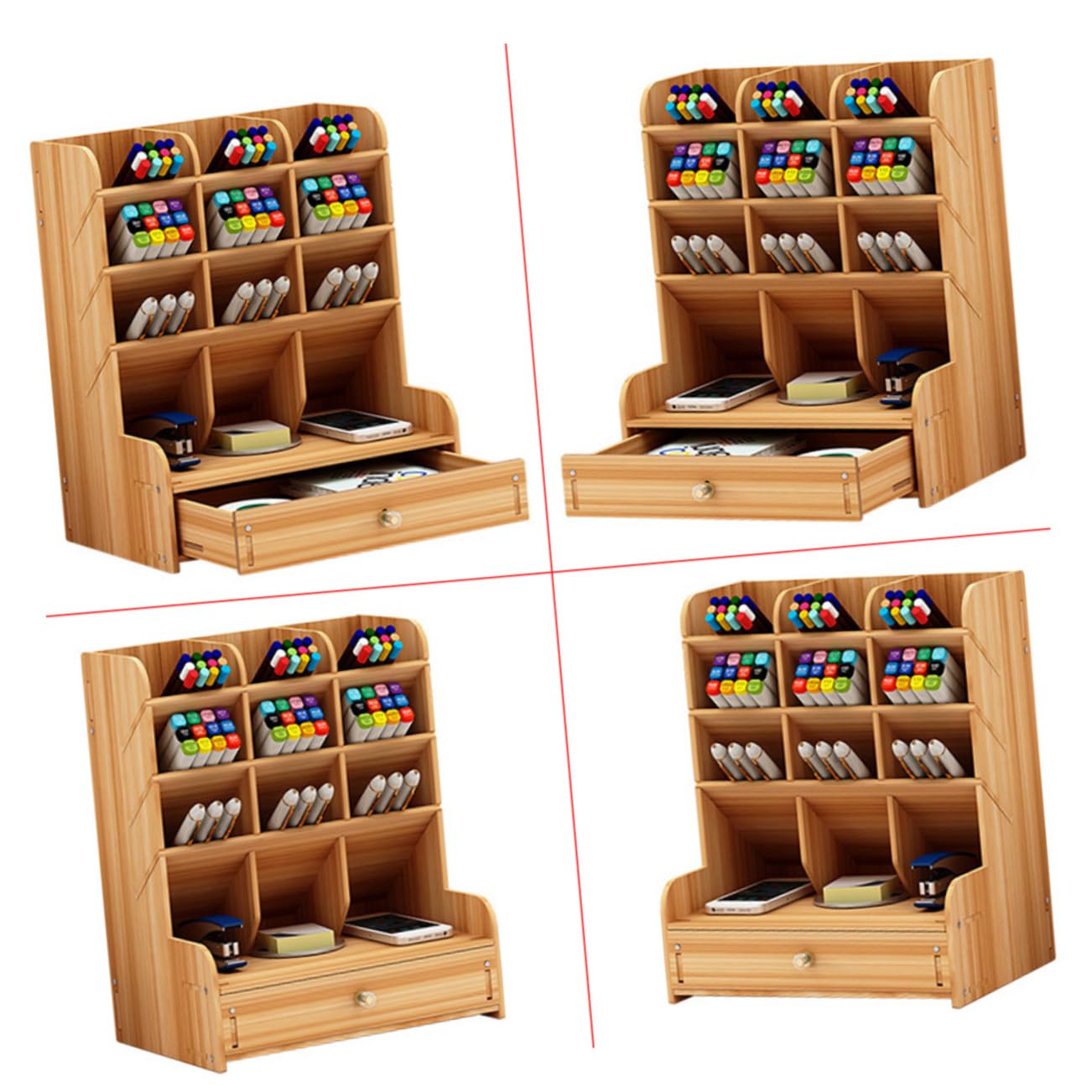 Cabilock Organizer Scrivania in Legno Massello con Scomparti Multipli Porta Penne Grande Capacità per Ufficio e Casa Design Semplice e Moderno in Ciliegio