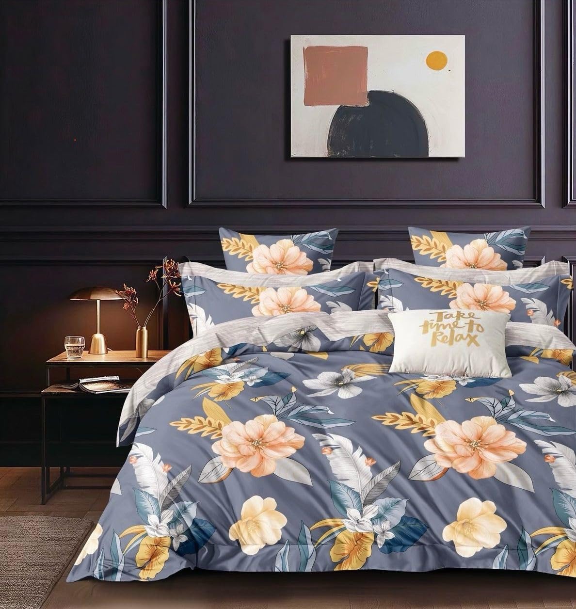 King Size Bedsheet 6pcs Set, Super Soft velvety soft Bedding Set Duvet Cover. Double bed bedding set.(6pcs-Gray floral)