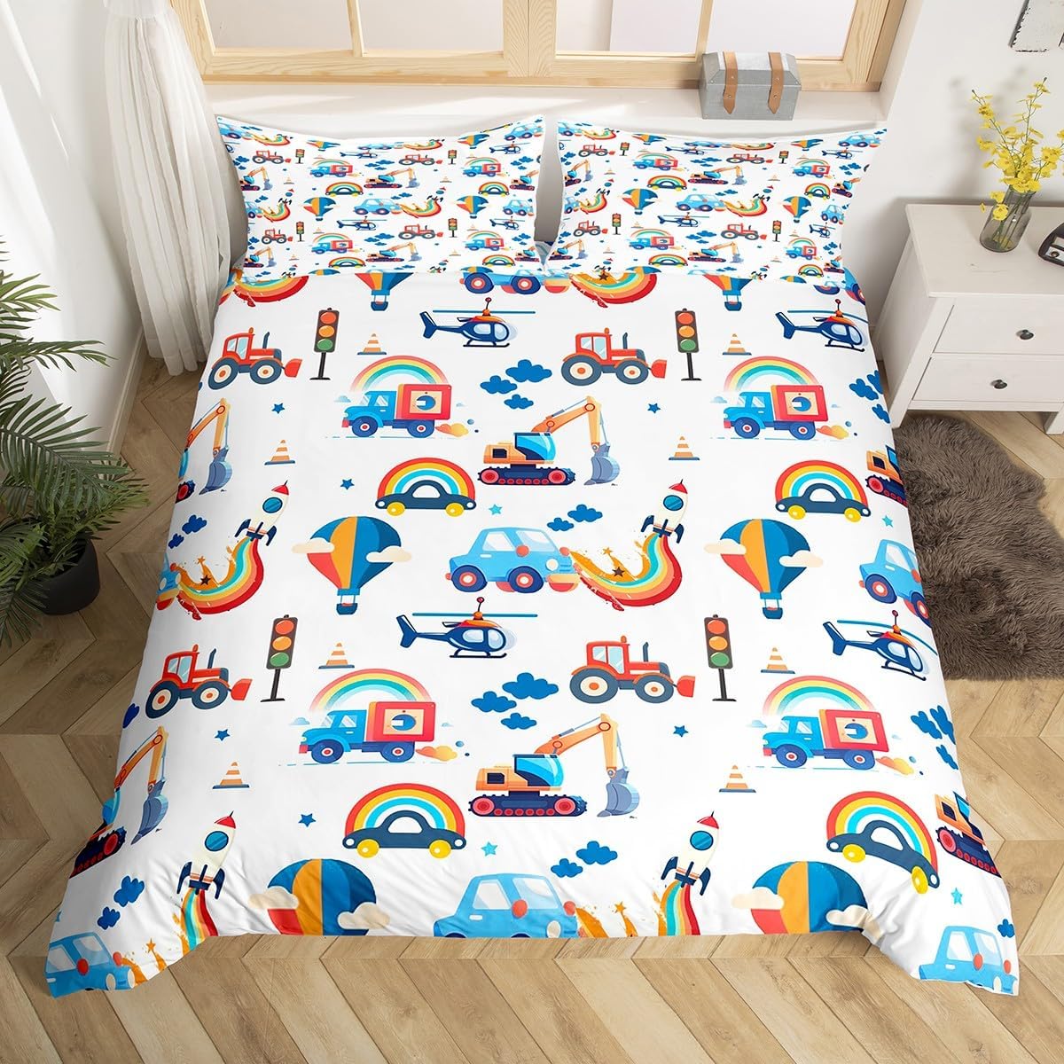 Manfei Cartoon Cars Duvet Cover Set Toddler Size,Cute Truck Airplane Helicopter Rocket Vehicles Bedding Set,Rainbow Sky Stars Clouds Graffiti Comforter Cover(No Filler) for Kids,2 Pcs