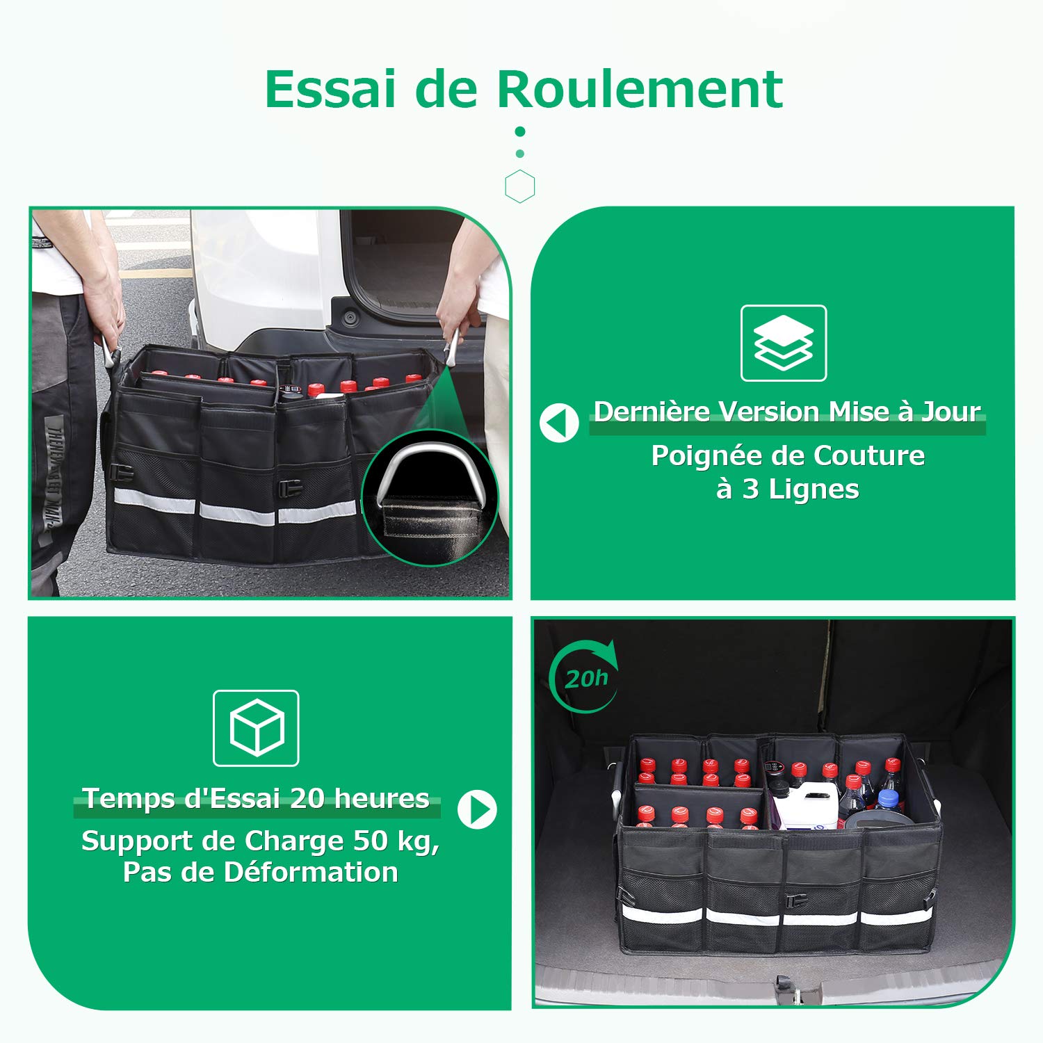 Oasser - Organizador para maletero de coche (65 L, en 1680D, soporte 50 kg, impermeable, multicompartimiento plegable, con tapa plegable y banda reflectante, para SUV y camiones