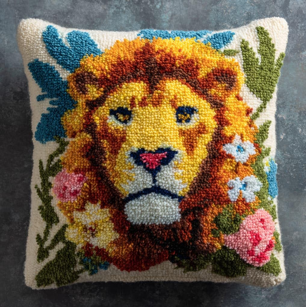 AxiangziK Latch Hook Cushion Kit 43x43cm,Lion and Flower