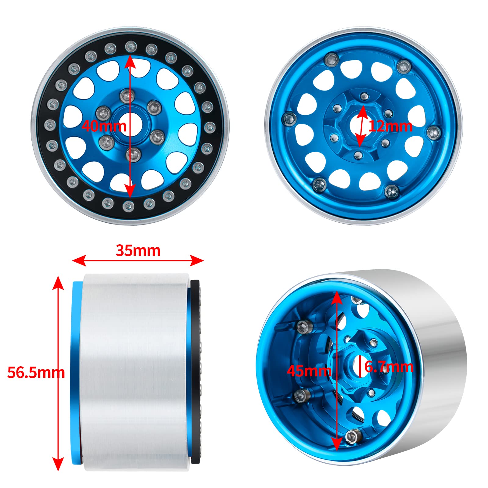 Runup Zestaw 4 metalowych felg 1.9, szerokość 35 mm, piasta koła do osiowych SCX10 SCX10 II 90046 SCX10 III AXI03007 TRX4 Gen8 1/10 RC Crawler (niebieskie)