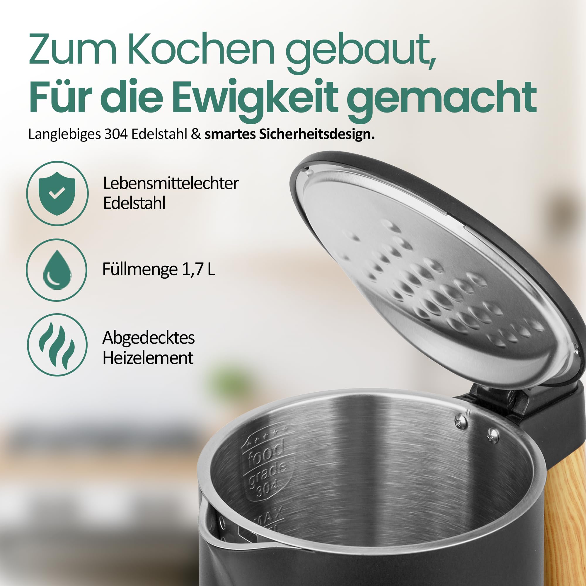 EMERIO Bollitore in acciaio inox, 1,7 l, doppia parete isolata, scelta della temperatura 40 – 100 °C in incrementi di 5 °C, display con varietà di tè preprogrammate, senza BPA, 2200 W, spegnimento