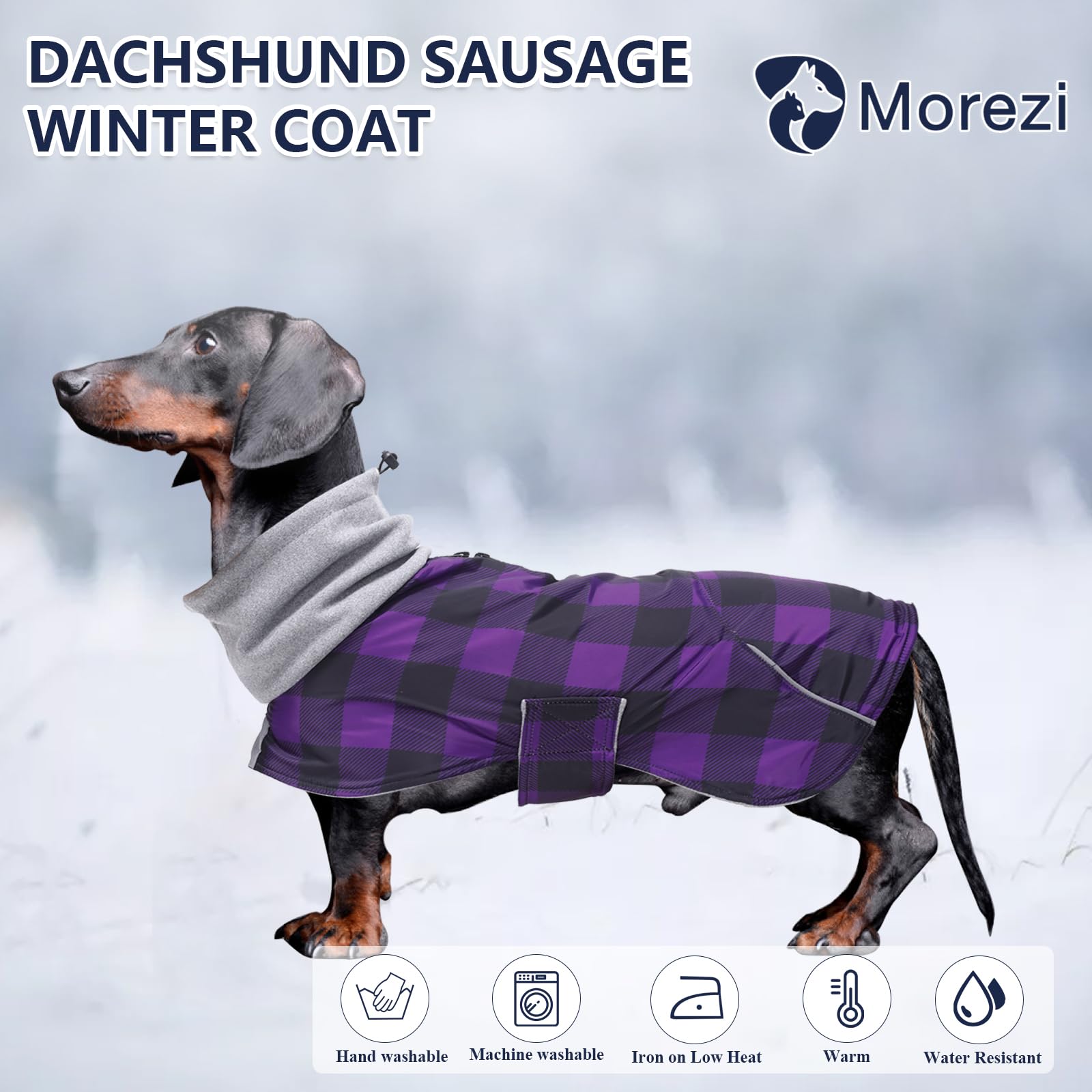 Morezi Dachshund Coats Waterproof Suitable for Dachshunds Sausage Weiner Dog Winter Coat Padded Fleece Puppy Snowsuit with Adjustable Bands Reflective Stripe PlaidPurple S - Image 2
