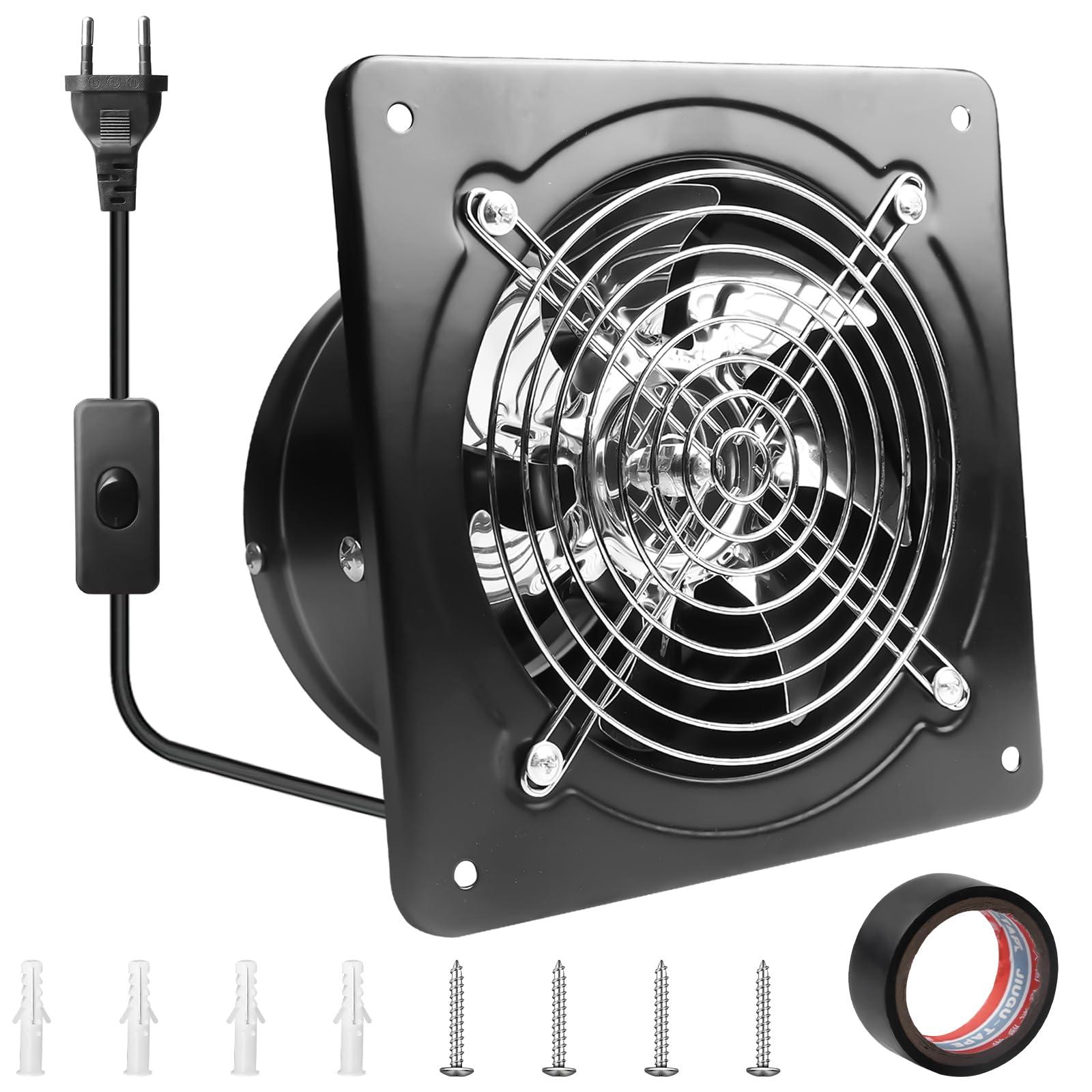 Aicharynic Ventilateur d'extraction d'air 150 mm 525 m³/h avec clapet de retour - Silencieux - En métal - 38 W - Prise européenne - Pour cuisine, salle de bain, garage, sous-sol - Noir