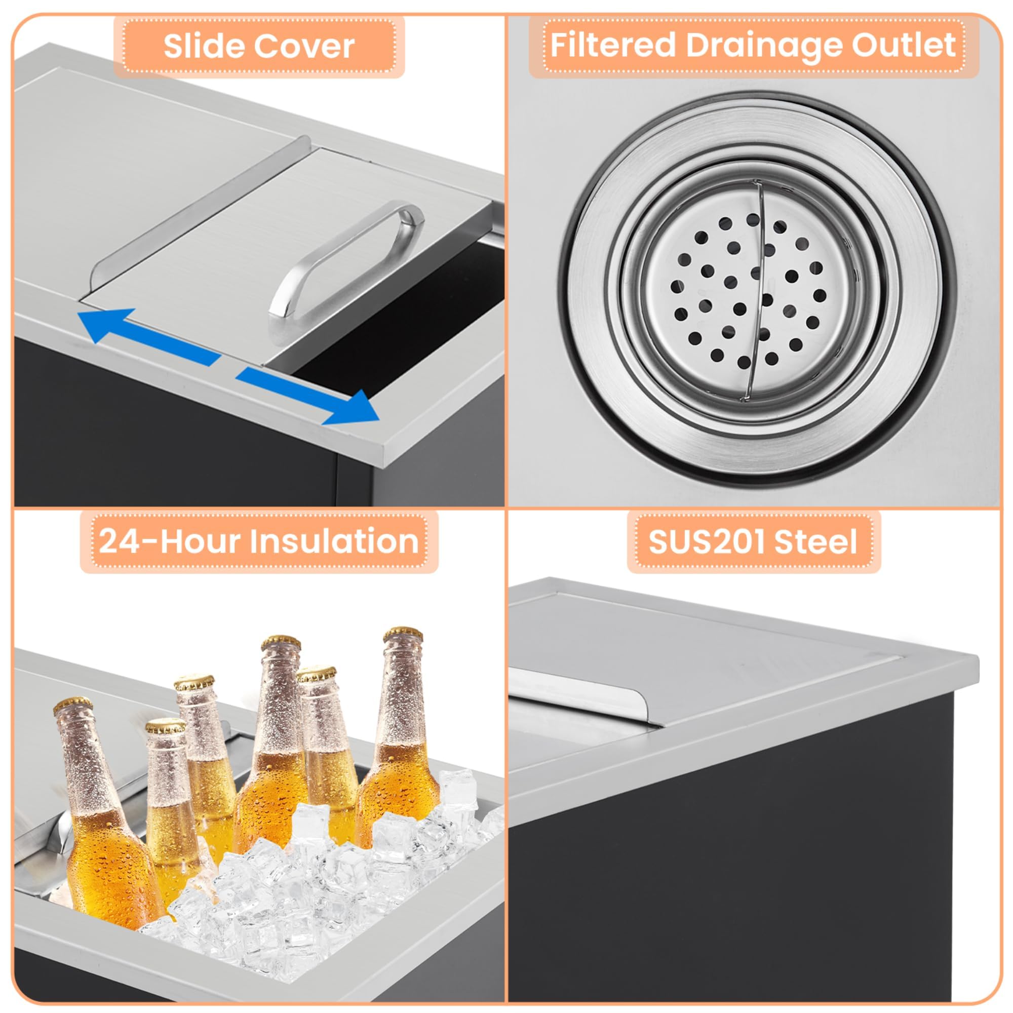 GarveeTech Großer Edelstahl-Eisbehälter für Outdoor Küche – Isolierte Drop-In Kühlbox mit Schiebeabdeckung & Ablauf, für BBQ, Bar & Garten – 27×18×21 Zoll, Schwarz/Silber, Schiebedeckel