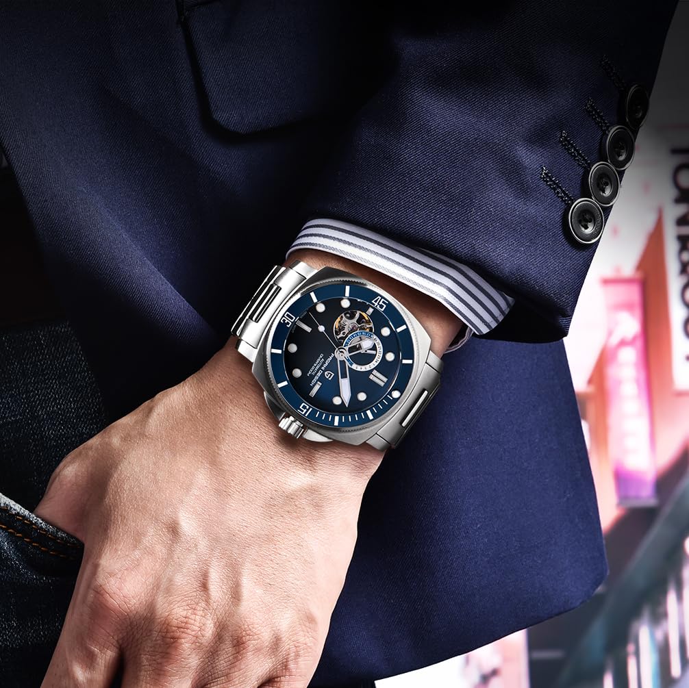 Pagani Design - Reloj mecánico automático para Hombre, Resistente al Agua hasta 200 m, Esqueleto NH39, Movimiento de Cristal de Zafiro, Azul, Casual