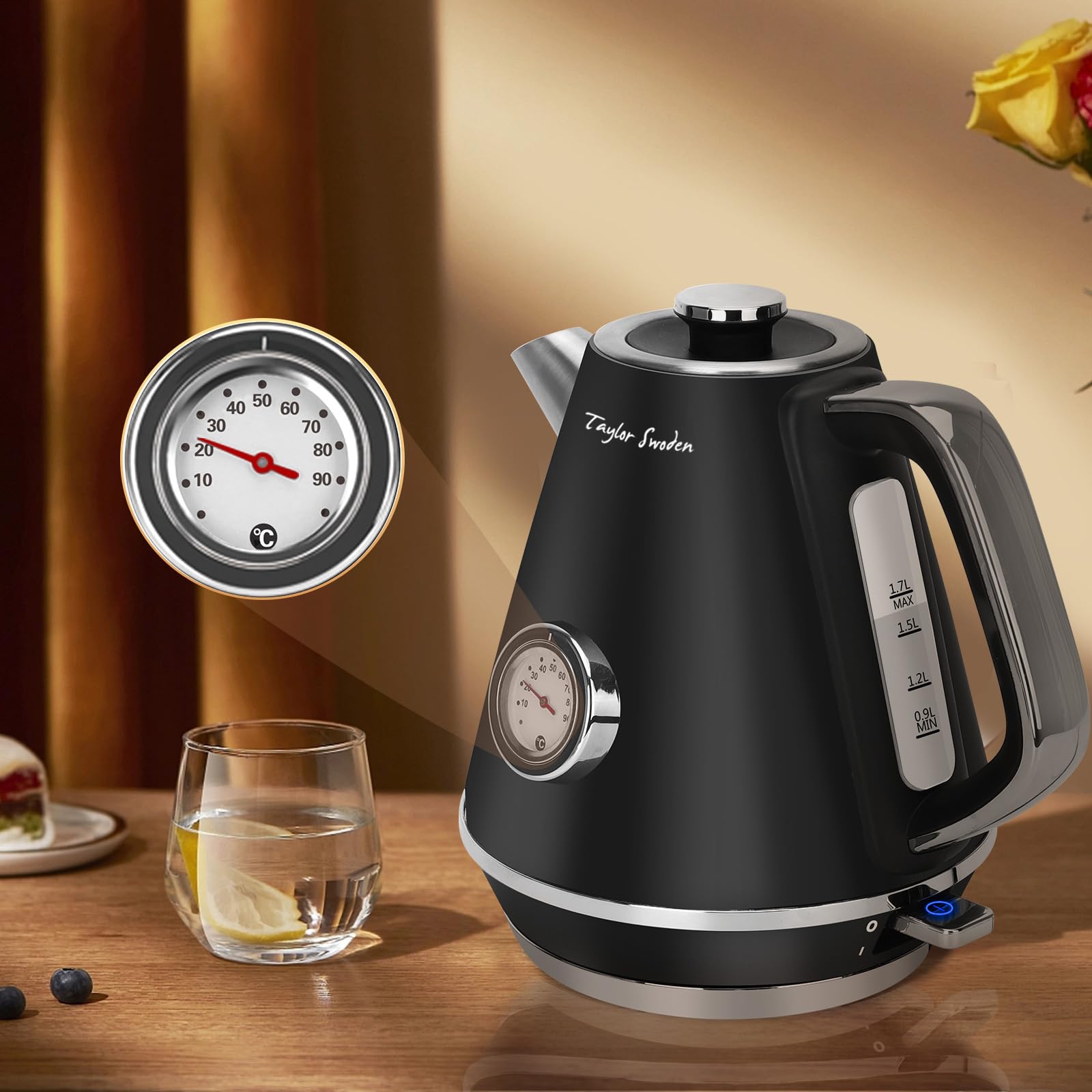 Taylor Swoden Aladin - Hervidor de agua eléctrico retro, 2200W, inalámbrico, diseño retro, 1,7 litros, acero inoxidable, apagado automático, ventana para visualizar la temperatura. | Con indicador de temperatura analógico, indicador de nivel de agua ilumi