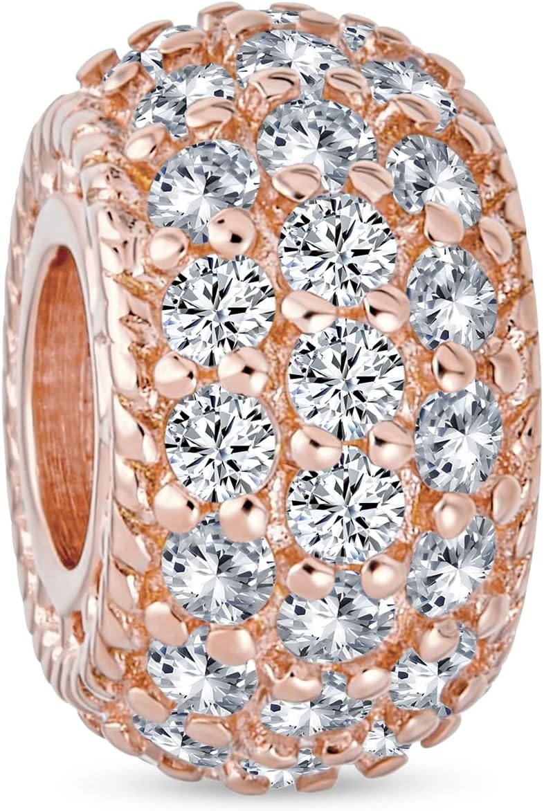 Bling Jewelry Sparkling Dome Clear White Crystal Spacer Stopper Barrel Bead Charm For Women Teens Rose Gold Plated .925 Sterling Silver Fits European Bracelet