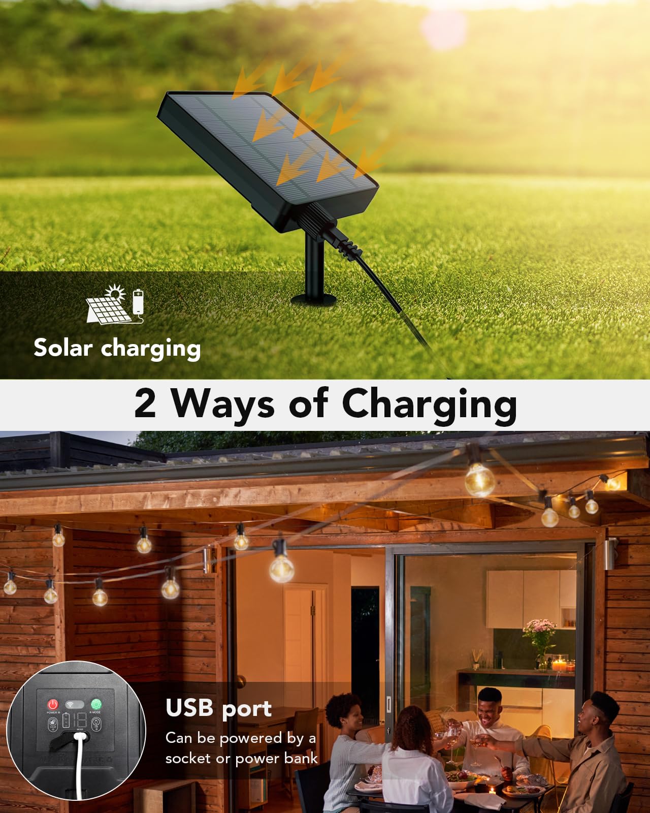 BESCOST Luci Solari da Giardino 18M Luci da Esterno Giardino con 50+4 Lampadine Catena Luminosa Esterno Solare 8 Modalità/Impermeabili IP44/USB Ricaricabile Luci per Pergola Balcone Terrazza