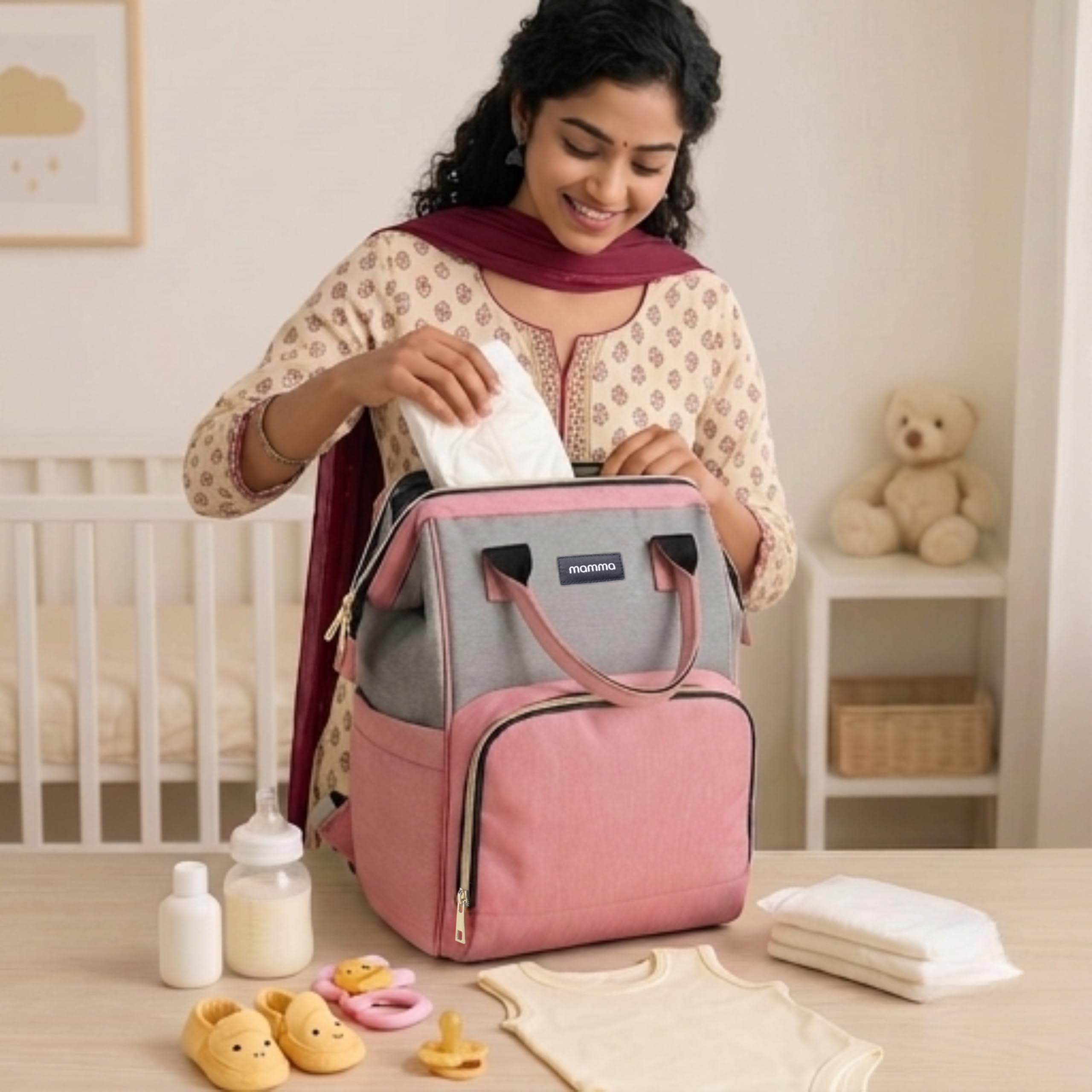 MAMMA Diaper Bag for Mothers for Travel, Baby Bag for Mother Travel, Hospital Bag for Delivery Women, Baby Diaper Bag for Mom, 12 Pockets Diaper Bags for Mothers with 9 Months Warranty