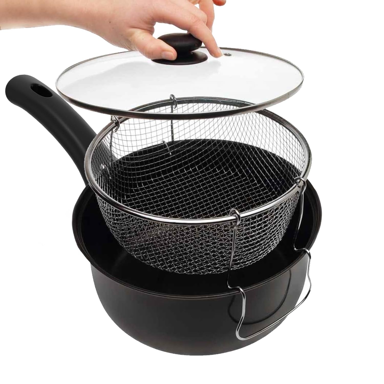 Avilia Padella Antiaderente per Friggere, 24 cm, in Acciaio Inox, con Cestello, Coperchio in Vetro e Termostato Regolabile, Lavabile in Lavastoviglie, Ideale per Patate, Pollo, Carne, Pesce